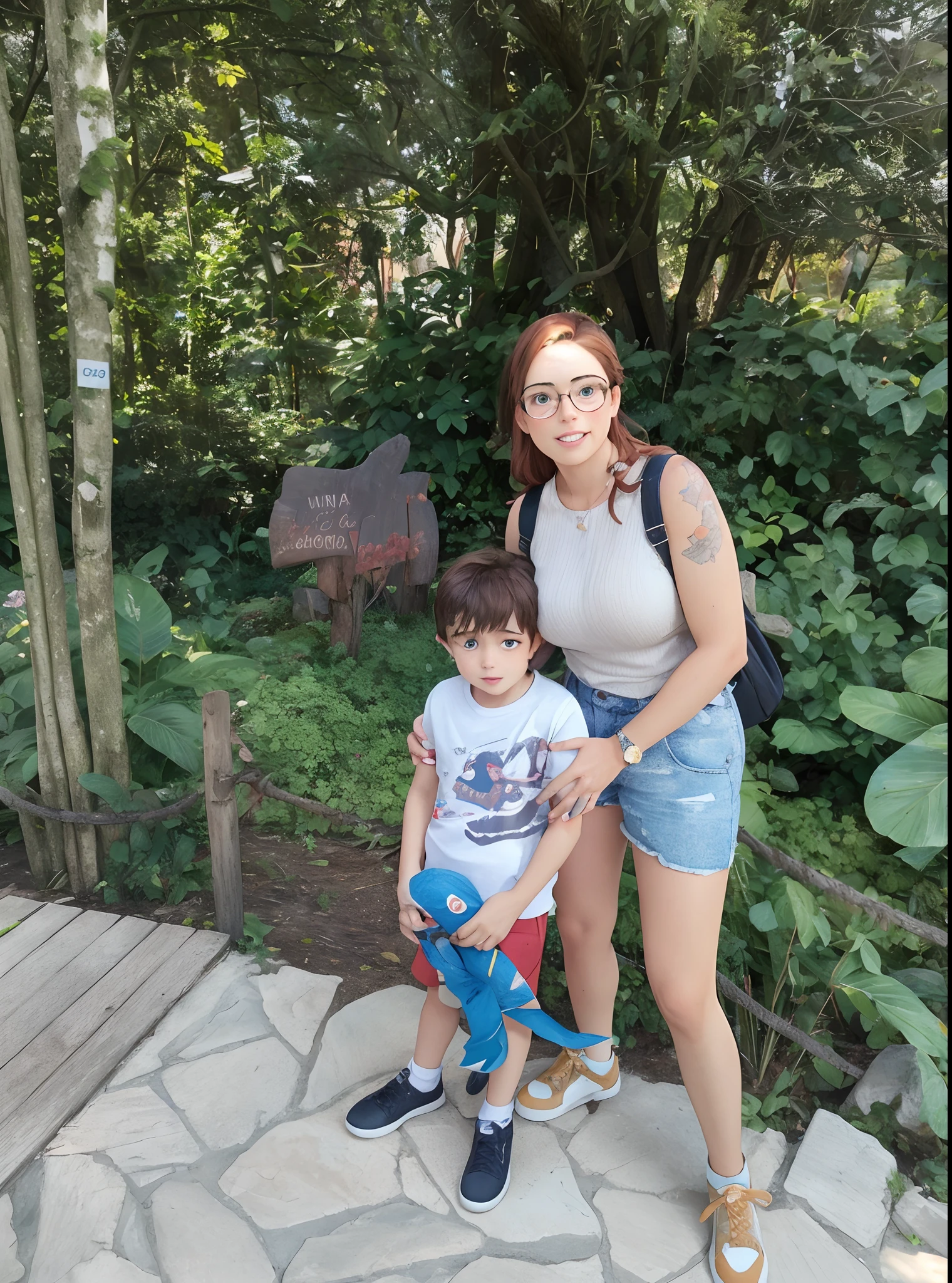 "Mommy kissing her little boy on the cheeks", Mother reddish brown hair little boy brown hair, Mom Seen Wearing Skirt And Prescription Glasses, Mother 35 years, garotinho 5 anos, com sardinha no rosto, Little boy is seen wearing shorts, master part, Realistic, high resolution, alta qualidade, extremely high quality, best quality, ultra detalhado, extremamente detalhado,