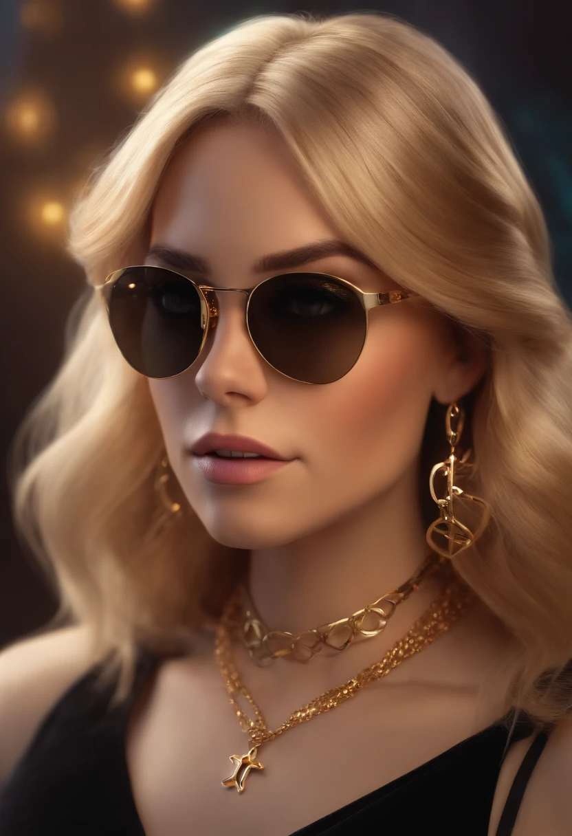 Pixar style image with 3D character metallic glasses, long blonde hair and side bangs, black blouse, gold cross necklace, half body
