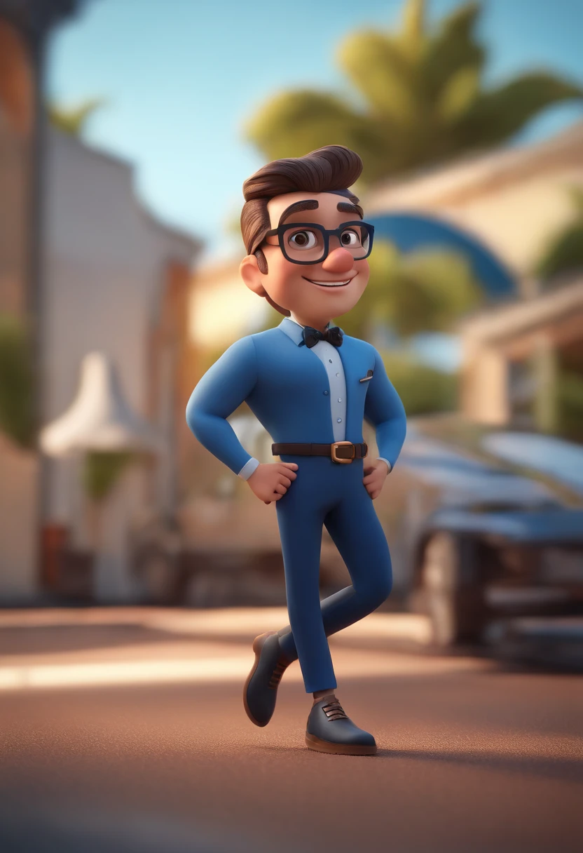 Cartoon character of a man wearing black glasses and a blue shirt, um personagem animado, Caractere estilizado, animation style rendering, 3D estilizado, Arnold Maya render, 3 d render stylized, toon render keyshot, Personagem 3D, Personagem 3D, 3d rendering stylized, 3 d character render, personagem de desenho animado, Personagem de close up, Pose de personagem, (Estilo Pixar) (master part:1.2) (Bokeh) (best quality) (pele detalhada) (textura detalhada) (8k) (argila) (Cinematic lighting) (foco nítido,Senta e vaza a parte superior do corpo