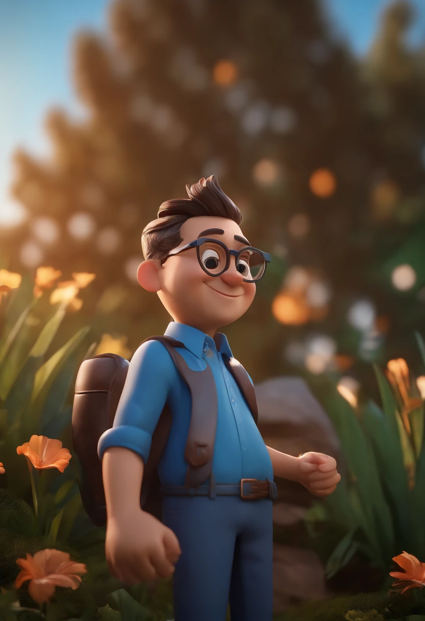 Cartoon character of a man wearing black glasses and a blue shirt, um personagem animado, Caractere estilizado, animation style rendering, 3D estilizado, Arnold Maya render, 3 d render stylized, toon render keyshot, Personagem 3D, Personagem 3D, 3d rendering stylized, 3 d character render, personagem de desenho animado, Personagem de close up, Pose de personagem, (Estilo Pixar) (master part:1.2) (Bokeh) (best quality) (pele detalhada) (textura detalhada) (8k) (argila) (Cinematic lighting) (foco nítido,Senta e vaza a parte superior do corpo