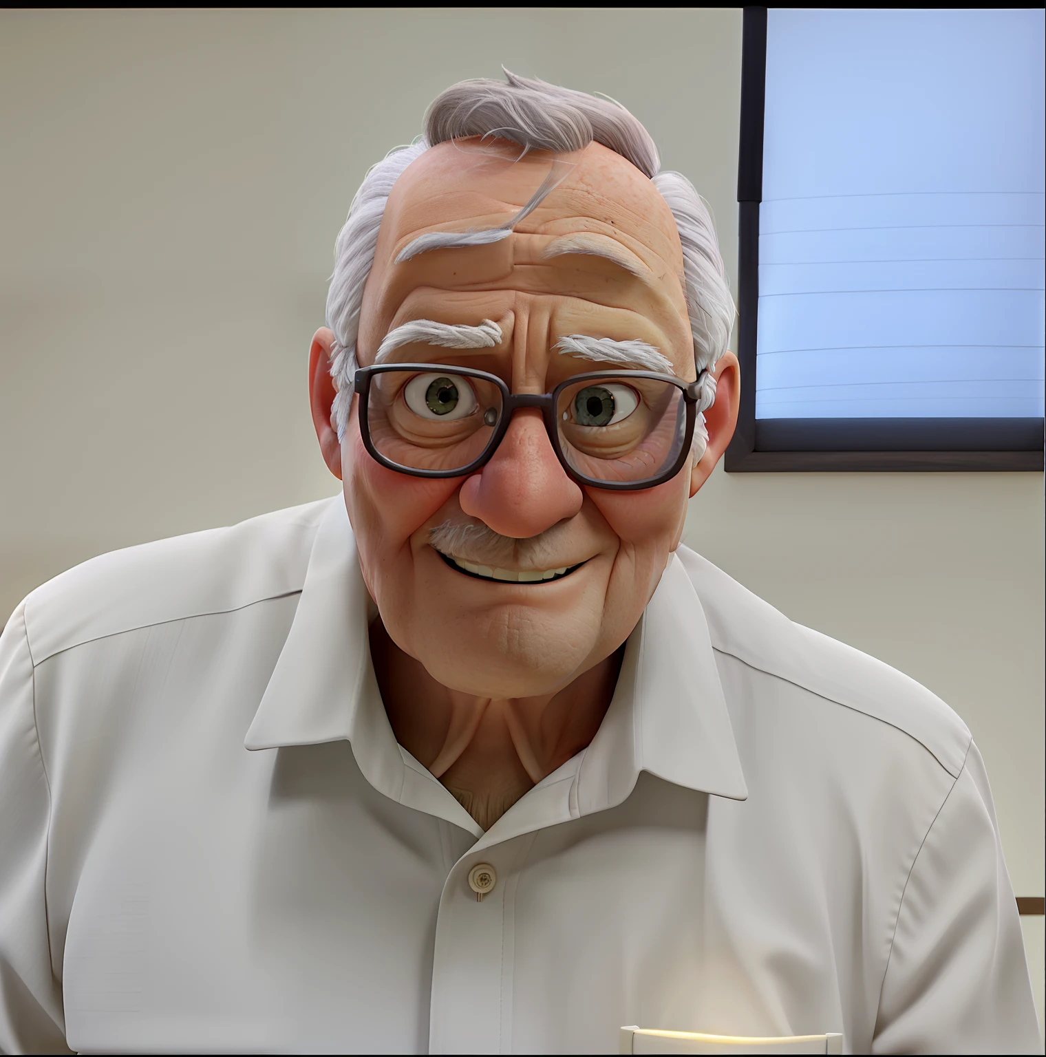 A wise old man standing in front, illuminated by the light of a lamp, against the backdrop of a library