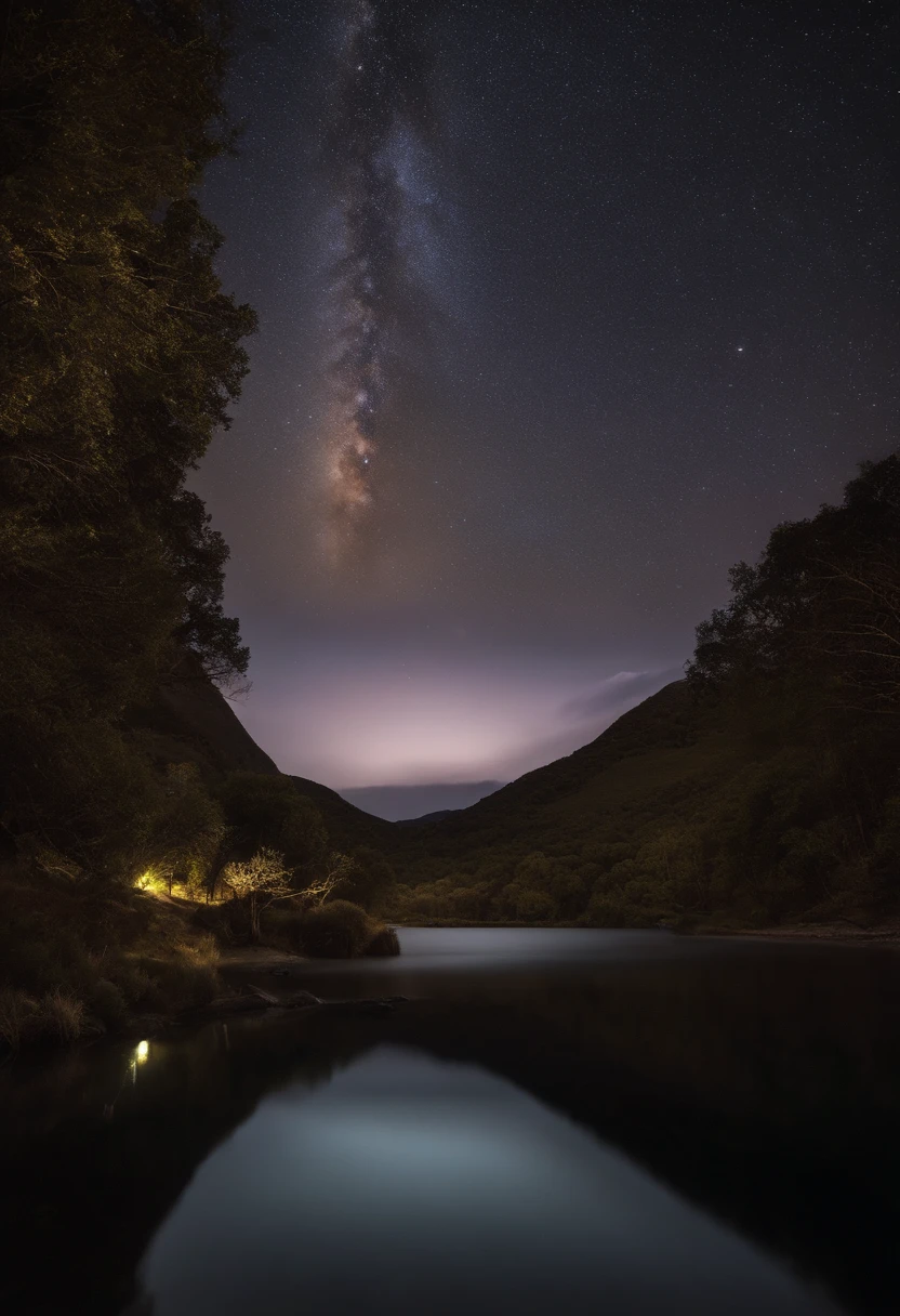 expansive sky: Show the vastness of the night sky, allowing stars and shooting stars to occupy a significant part of the composition., Dynamic Shooting Stars: Capture the movement and energy of shooting stars as they traverse the sky, creating a sense of movement and wonder., paisagem serena: considere adicionar uma paisagem tranquila, like distant mountains or a calm body of water, to increase the sense of peace and serenity.