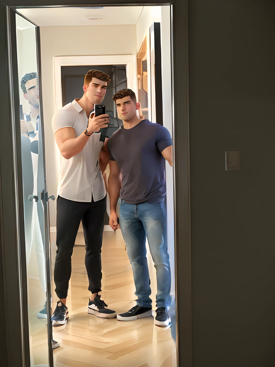 there are two men standing in a hallway looking at a cell phone, standing in front of a mirror, tall and muscular, tall handsome guys, athletic tall handsome guys, mirror selfie, greg rutkowski and alex ross, two buddies sitting in a room, mid-shot of a hunky, profile image, justin gerard and greg rutkowski