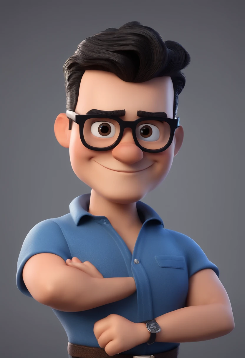 Cartoon character of a man with black glasses and a blue shirt, animation character, Caractere estilizado, animation style rendering, 3D estilizado, Arnold Maya render, 3 d render stylized, toon render keyshot, Personagem 3D, Personagem 3D, 3d rendering stylized, 3 d character render, personagem de desenho animado, Personagem de close up, Pose de personagem,  (Estilo Pixar) (master part:1.2) (Bokeh) (best quality) (pele detalhada) (textura detalhada) (8k) (argila) (Cinematic lighting) (foco nítido