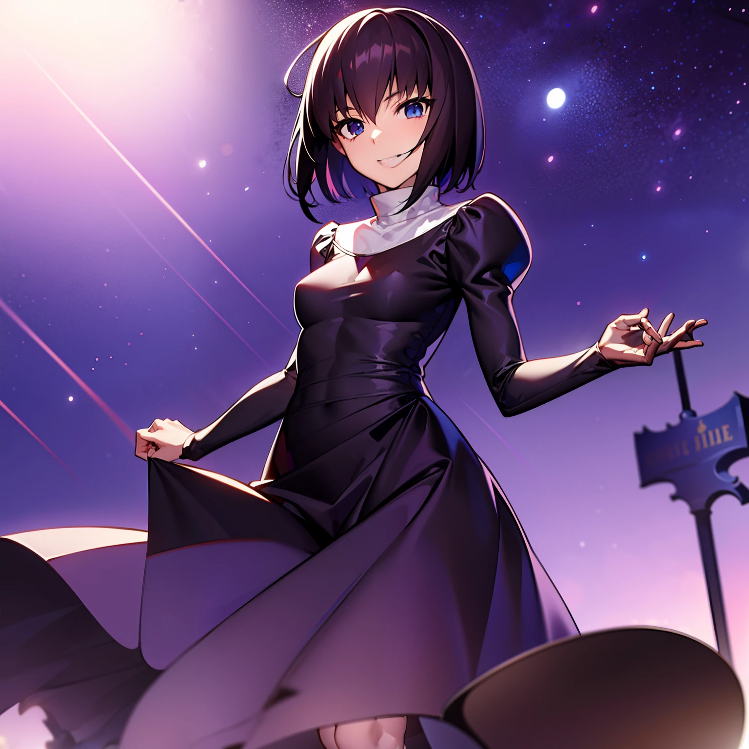 (Best Quality), (masutepiece),Highly detailed, 1girl in,alicekuonji , Standing cross-legged, Beautiful eyes , Hold back laughter, { Night sky with stars} Background,
