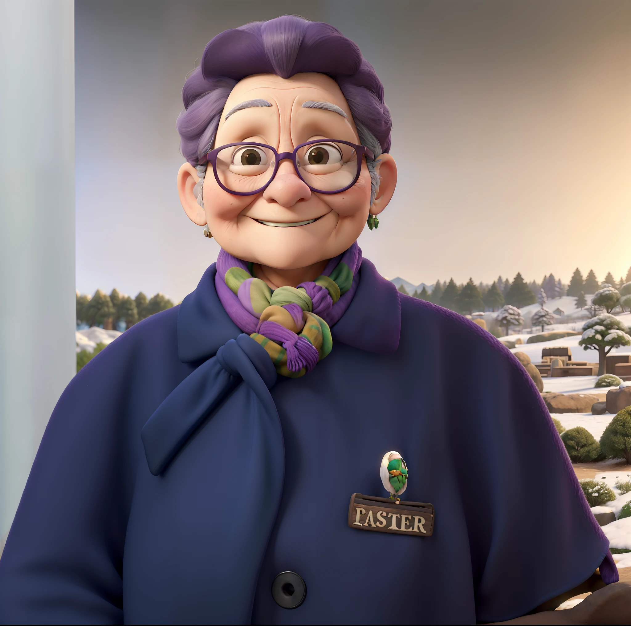 masterpiece, best quality, an old woman with glasses and a scarf on, wearing a purple coat and green scarf, standing at the park