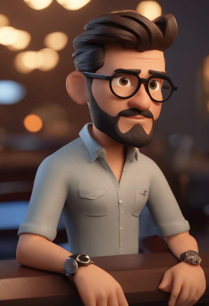 Cartoon character of a man with black glasses and a superman polo shirt, cabelo liso, With beard and deep sea tattoo on arm, animation character, Caractere estilizado, animation style rendering, 3D estilizado, Arnold Maya render, 3 d render stylized, toon render keyshot, Personagem 3D, Personagem 3D, 3d rendering stylized, 3 d character render, personagem de desenho animado, Personagem de close up, Pose de personagem,  (Estilo Pixar) (master part:1.2) (Bokeh) (best quality) (pele detalhada) (textura detalhada) (8k) (argila) (Cinematic lighting) (foco nítido
