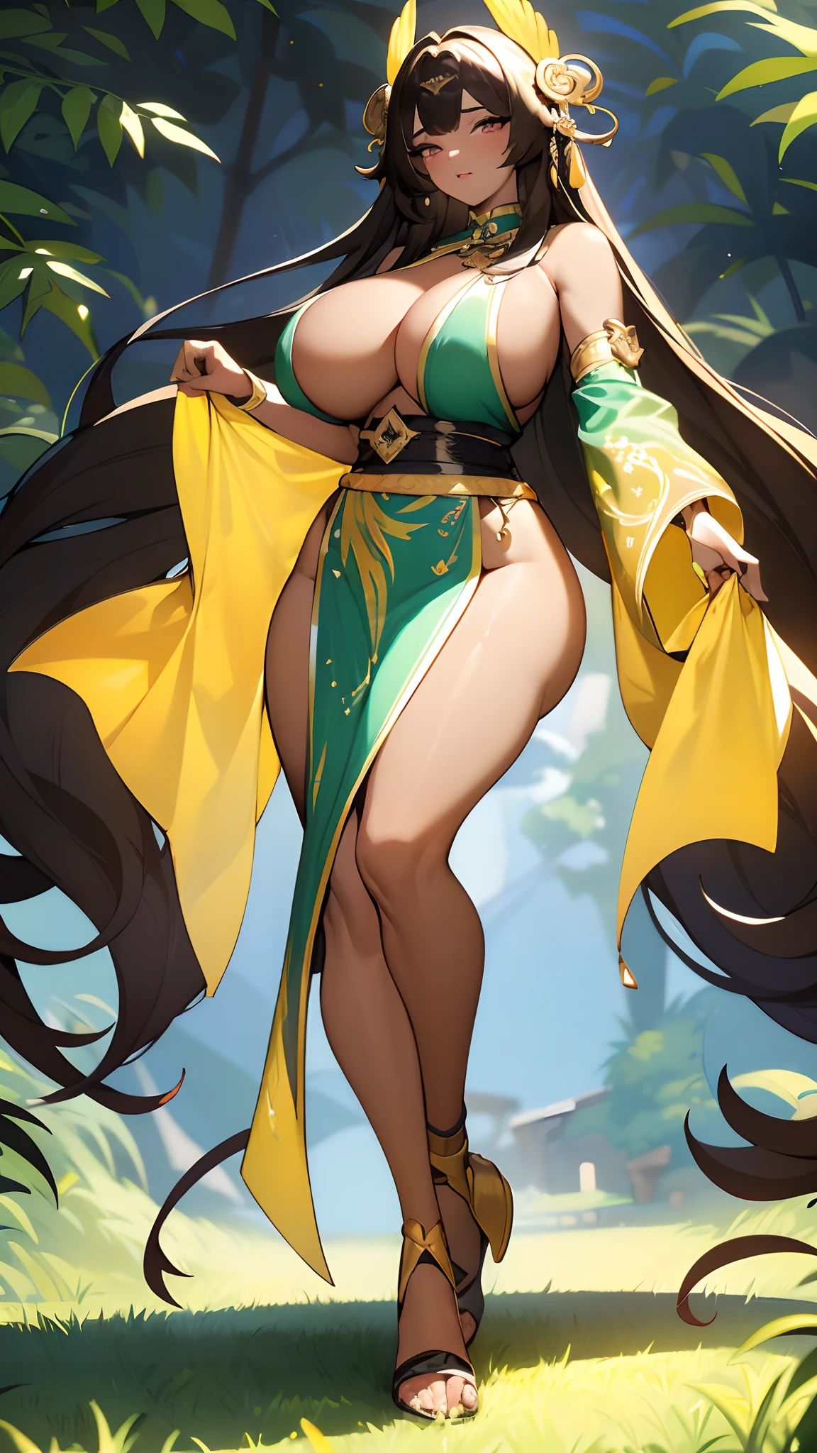 (dark brown skin:1.3), Wild Xavante India, extreme tanned skin, full body image, extreme long black straight hair messes over naked boobs, huge macaw blue parrot feather headdress, East Asian original art character design, 1girll, Solo, Gray-haired, full bodyesbian, hair adornments,  mythology,epic fantasy art, big cheeks, long legs, curvy, indigenous yellow and green breast painting, breast painted blue and yellow, indigenous yellow and green facial painting, Long hair, Gradient, Gradient background, jewelry, Bare shoulders, Thighs, Chinese clothing, nipple tassels, [:(Gradient background:1.5):40],Close-up of a woman in a red and black dress, Onmyoji detailed art, onmyoji, full-body xianxia, full body image centered around the buxom young miller's exceptionally attractive with big breast and reavling exposed cleavage with wide hips and narrow waist and exuding an alluring and voluptuous physique that radiates warmth and sensuality, gisele bundchen, cheerfull and happy expression on her face, hyper-realistic photography portrait, beautiful lips,detailed large eyes, Her eyes are a striking and inviting feature, realistic body details scar and fracture, extreme abnormally huge boobs, erotic fantasy, tranquil flower princess with soft hair dancing in the wind and intricately braided. Her sweet face has puffy, kissable lips and stunning, highly realistic eyes, hires eyes, 8k eyes, beautiful detail eyes, realistically shaded eyes, dazzling big eyes and realistic eyes in vibrant colors. She is wearing delicately detailed colourful fabric of gossamer silk and satin, midst of the most beautiful meadow in the world and is surrounded by beautiful flowers of varying sizes and colors, with delicate flowers dancing in the wind and creating a dynamic and compelling image