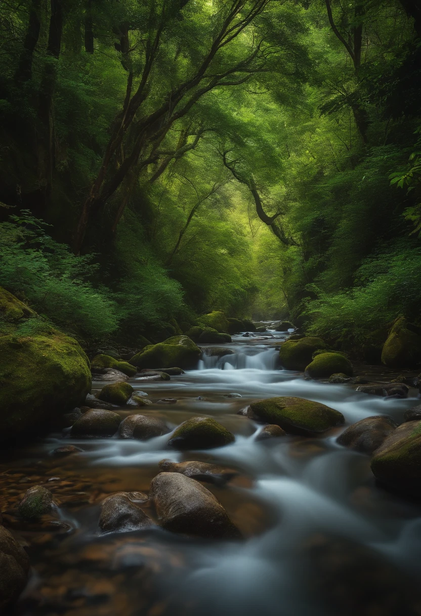 ((master part)), best quality, (8k, best quality, master part: 1.2), ultra-detalhado, uma manada de alces caminhando ao longo de um rio em um vale de montanha.