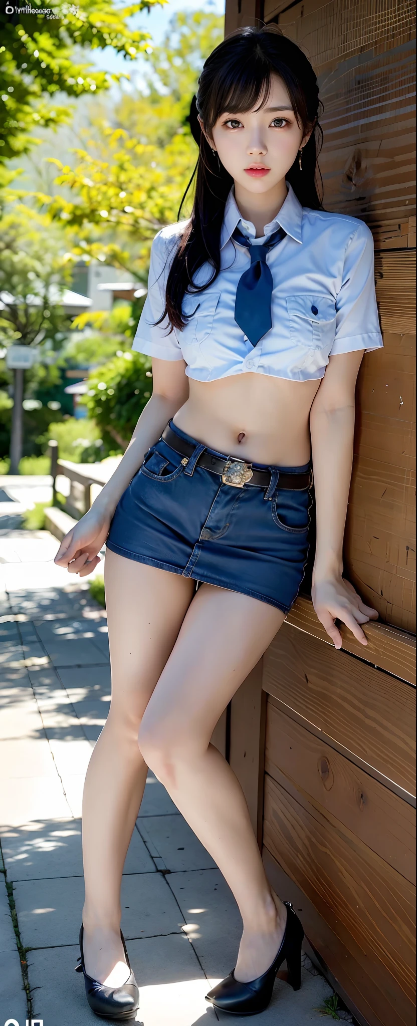 full body Esbian:1.5、Looking at the camera、policewoman:1.5, Police Uniform:1.5, Blue short-sleeved shirt, neck tie, Dark blue micro mini skirt:1.5、The bikini、A slender:1.5、Blur the background:1.3、(yinchuan:1.5)、bob cuts:1.5、Colossal tits、14years、 Lori、A smile:1.3、​masterpiece, top-quality, Raw photo, Photorealsitic, faces, unbelievable Ridiculous, beautiful a girl, cute little, shorth hair, depth of fields, hight resolution, ultra-detailliert, finely detail, ighly detailed, extremely detailed eye and face, Sharp pupils, Realistic pupils, foco nítido, Cinematic lighting