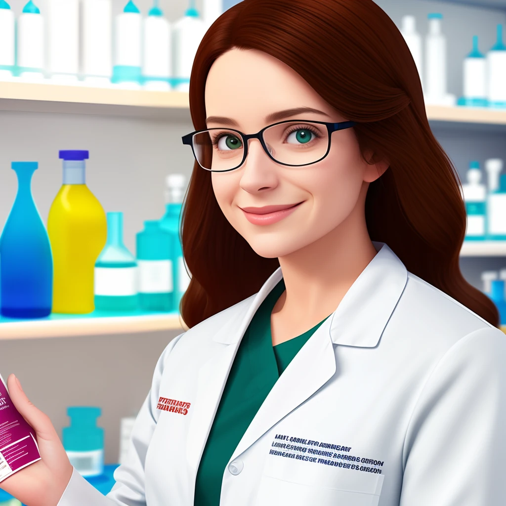 poster 3D inspirado na pixar, Capturing a scene in a pharmacy 30 year old woman profession pharmacist in lab coat, loira cabelos longos loiros escuro, olhos verdes, White-framed glasses wearing a silver chain