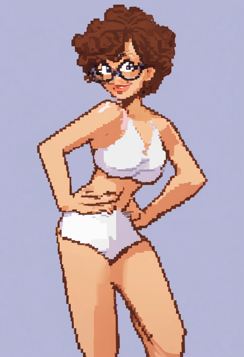 Pixar style image with 3D character white glasses brunette woman short curly hair dancing, Maquiagem Disney,(((nude))), (((Big breast))), bonitinho, sorridente ,Close-up, Pixar, Disney, Cinema lighting,