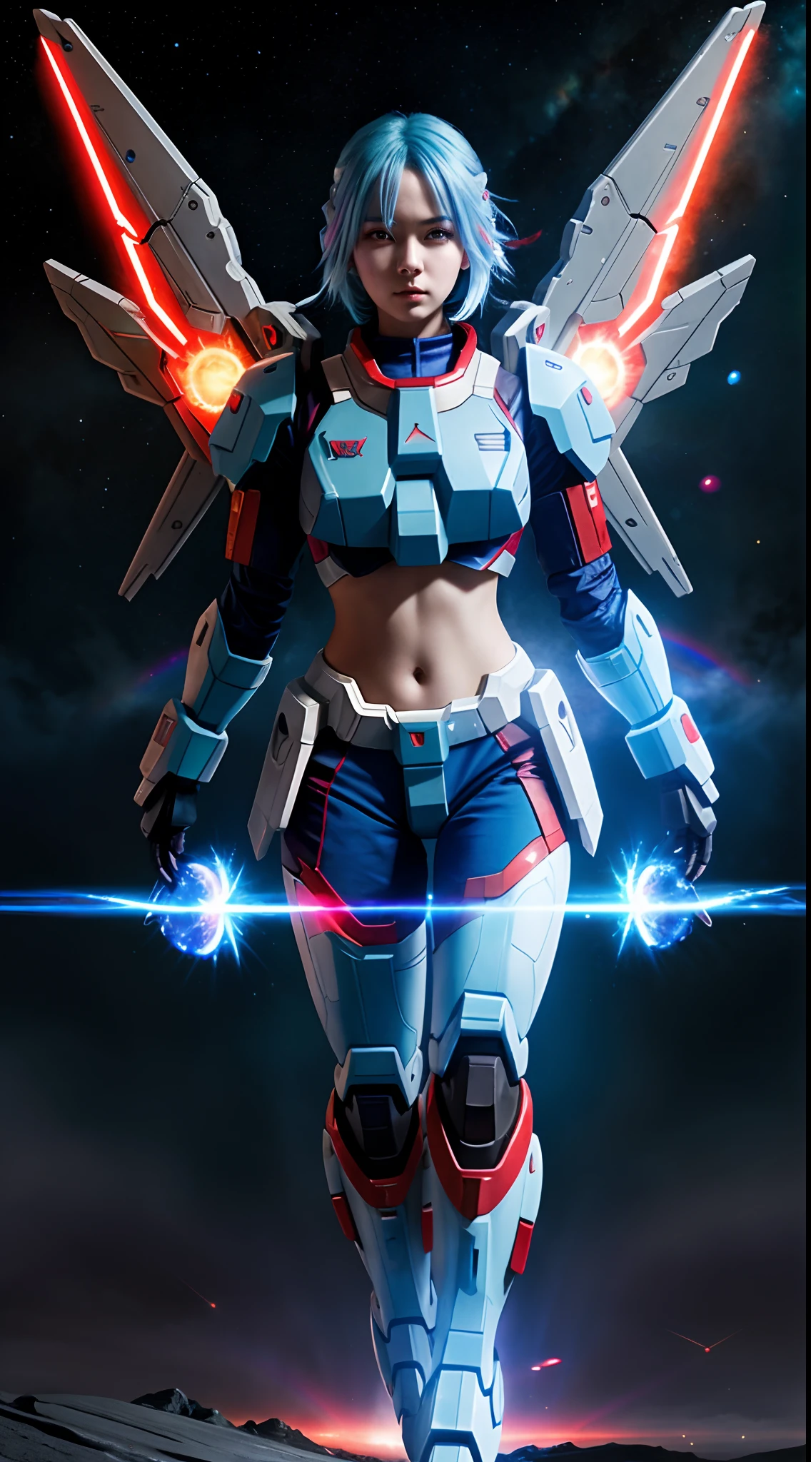 Game Character, Female, Perfect Body, Super Cute, Sad, Light Blue Hair, Red Eye, Shooting Beam, Rainbow Aura Body, Neon Glow, Mechanical Wing, Supernova Power, Gundam Armor, Space War Theme, Fighting Stance, 3D, Realistic, HDR, Anime, HD, Background, RTX, 2K, Masterpiece.