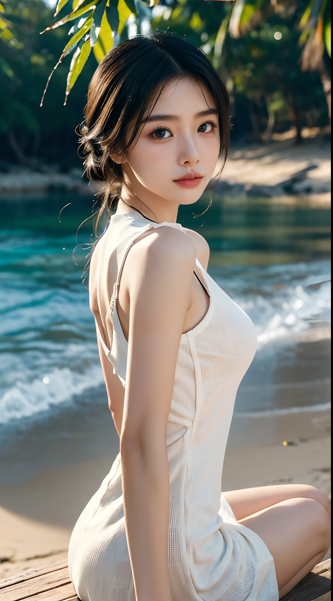 High-res, Realistic portrait of professional Chinese university campus lady with perfect skin，The breath of life should emphasize her sitting and standing postures，autumnal，Wear a long white dress，，Beautiful woman sitting on the beach，Medium-sized half-body，Long black hair，Looks confident and cute, Longing for freedom and beauty，Surrounded by the atmosphere of the sky， Vibrant and naturally lit highlights. The artwork should emphasize her elegant facial features, Including charming long eyes, Fluttering eyelashes and seductive lips. The scene should be enhanced with elements of professionalism and visual appeal，For example, sandbeach，beachside，Mainframe computers, High-resolution display, Highlight the temperament of beauty， The overall tone should be warm and professional, The sun shines on the whole body of the beauty，soft sun light，Has a soft and natural color palette. The artwork should exude a sense of professionalism, Success, and cultural pride，Highlight two or three background people，