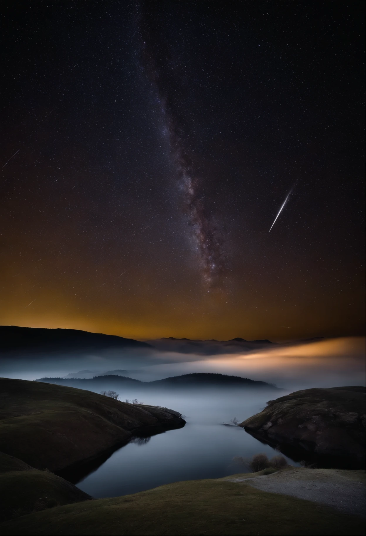 expansive sky: Show the vastness of the night sky, allowing stars and shooting stars to occupy a significant part of the composition., Dynamic Shooting Stars: Capture the movement and energy of shooting stars as they traverse the sky, creating a sense of movement and wonder., paisagem serena: considere adicionar uma paisagem tranquila, like distant mountains or a calm body of water, to increase the sense of peace and serenity.