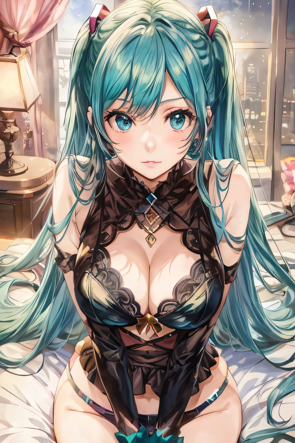 A woman with long blue hair sits on a bed, seductive anime girls, beautiful and seductive anime woman, Anime wallpaper 4 k, Anime wallpaper 4K, 4K anime wallpaper, Detailed digital anime art, Anime art wallpaper 4k, Anime art wallpaper 4 K, style of anime4 K, hatsune miku portrait, Beautiful anime girl, Anime girl with teal hair