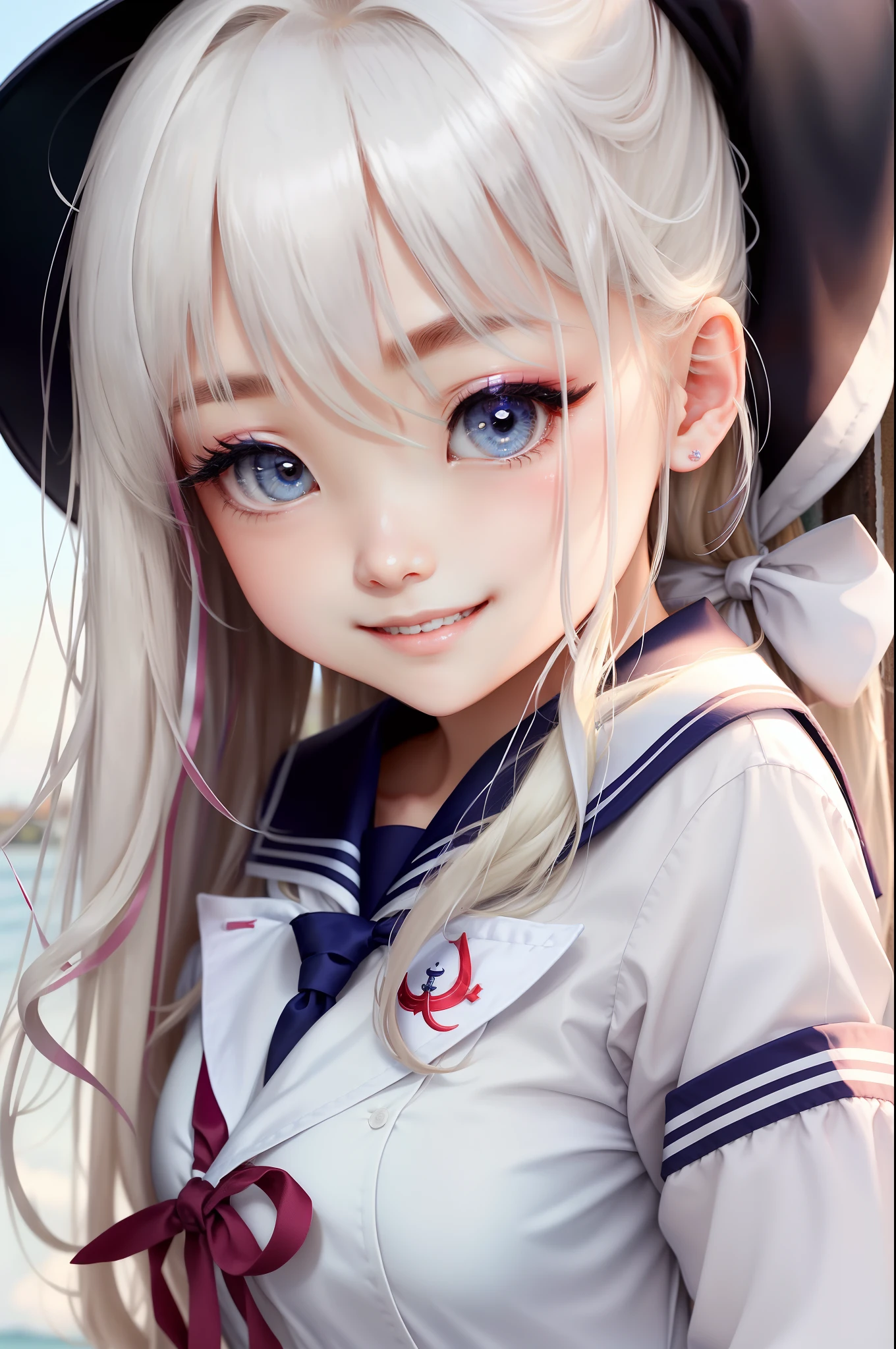Dazzling super beautiful super long blonde straight silky hair、Hair between the eyes、Very cute beautiful sexy beautiful girl、Very perfect and beautiful cute face、Glowing clear beautiful pale bright colored eyes、Pure white beautiful skin、eye liner、with round face、Young Face、Innocent look、a little bit smile、School Uniforms、a sailor suit、slightly larger breasts、big eye、a small face、bbw