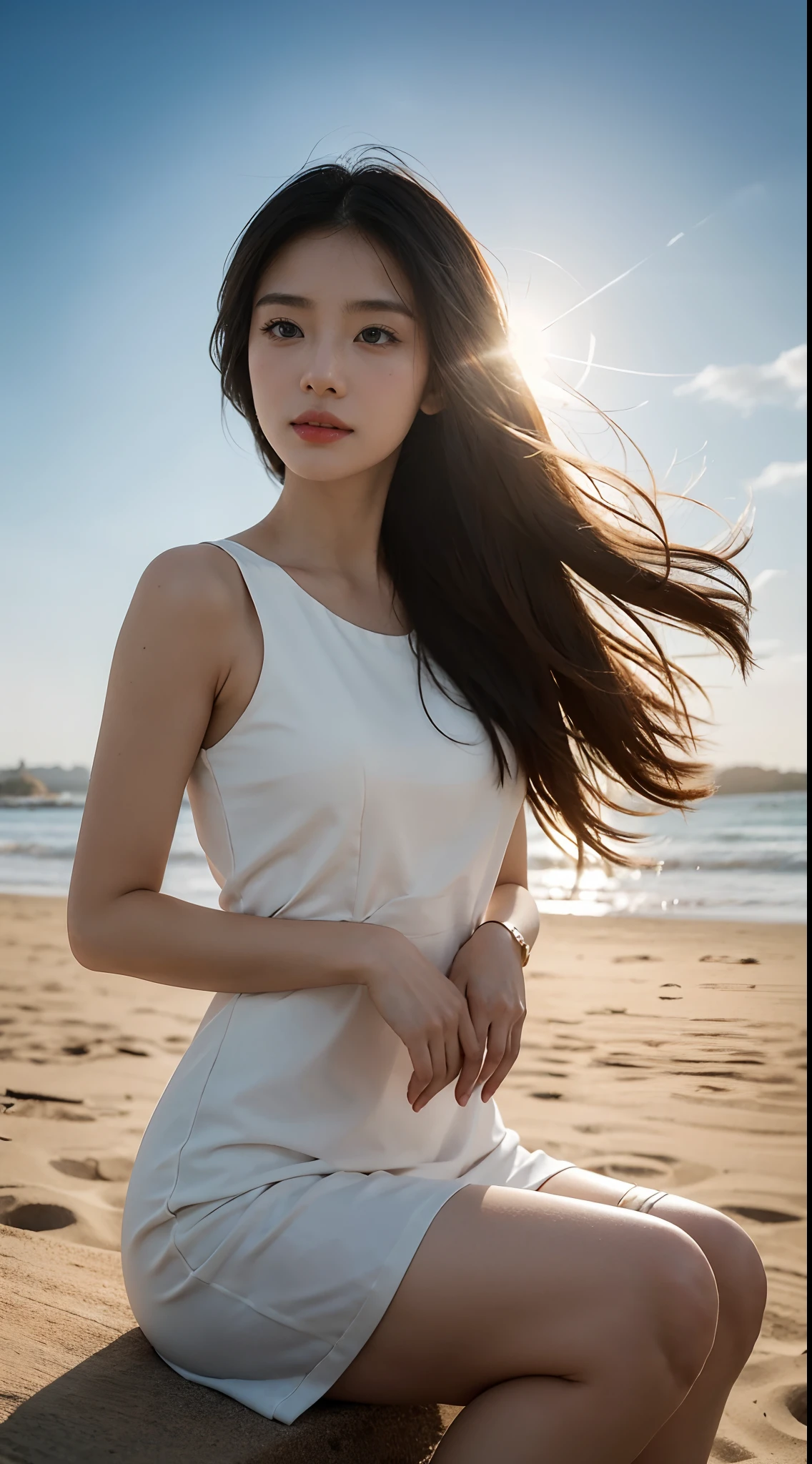High-res, Realistic portrait of professional Chinese university campus lady with perfect skin，The breath of life should emphasize her sitting and standing postures，autumnal，Wear a long white dress，，Beautiful woman sitting on the beach，Medium-sized half-body，Long black hair，Looks confident and cute, Longing for freedom and beauty，Surrounded by the atmosphere of the sky， Vibrant and naturally lit highlights. The artwork should emphasize her elegant facial features, Including charming long eyes, Fluttering eyelashes and seductive lips. The scene should be enhanced with elements of professionalism and visual appeal，For example, sandbeach，beachside，Mainframe computers, High-resolution display, Highlight the temperament of beauty， The overall tone should be warm and professional, The sun shines on the whole body of the beauty，soft sun light，Has a soft and natural color palette. The artwork should exude a sense of professionalism, Success, and cultural pride，Highlight two or three background people，