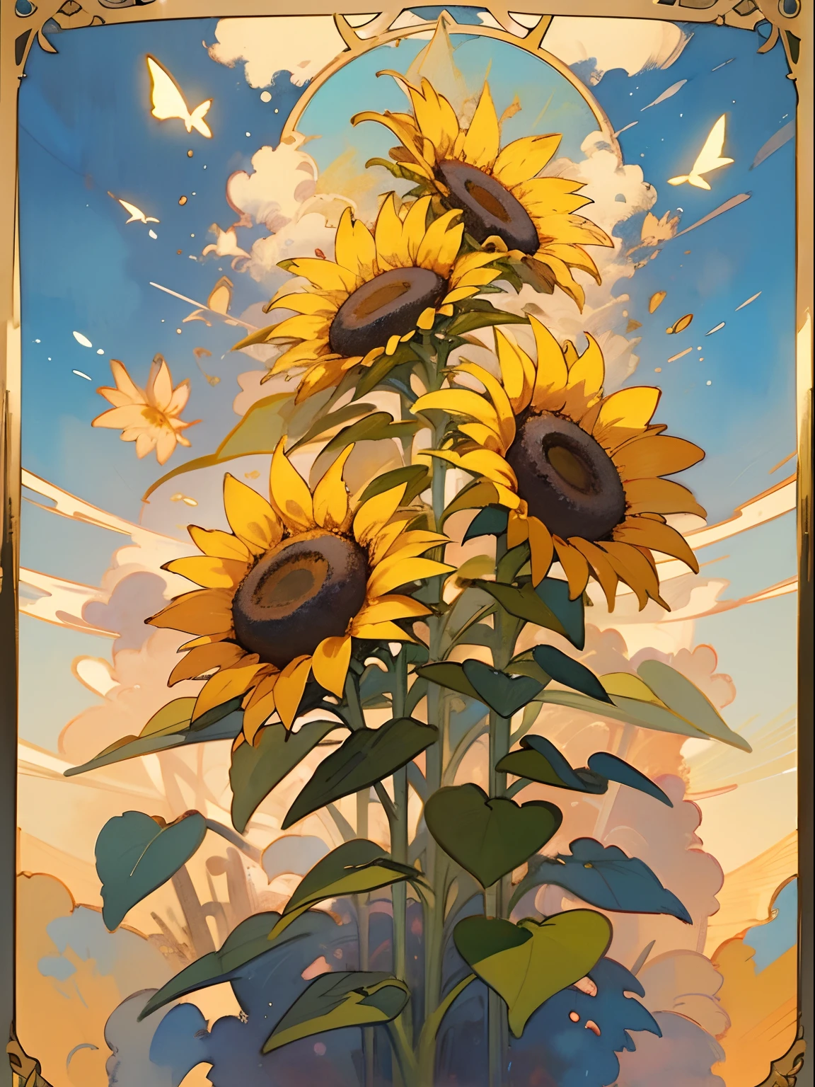 1 Tarot Card Texture、–no human、–no character、sunflowers、bright colour、Fancy colors、Warm light、planar、art by、watercolor paiting、tenderness、celebration、graphic、masterpiece、highest grade