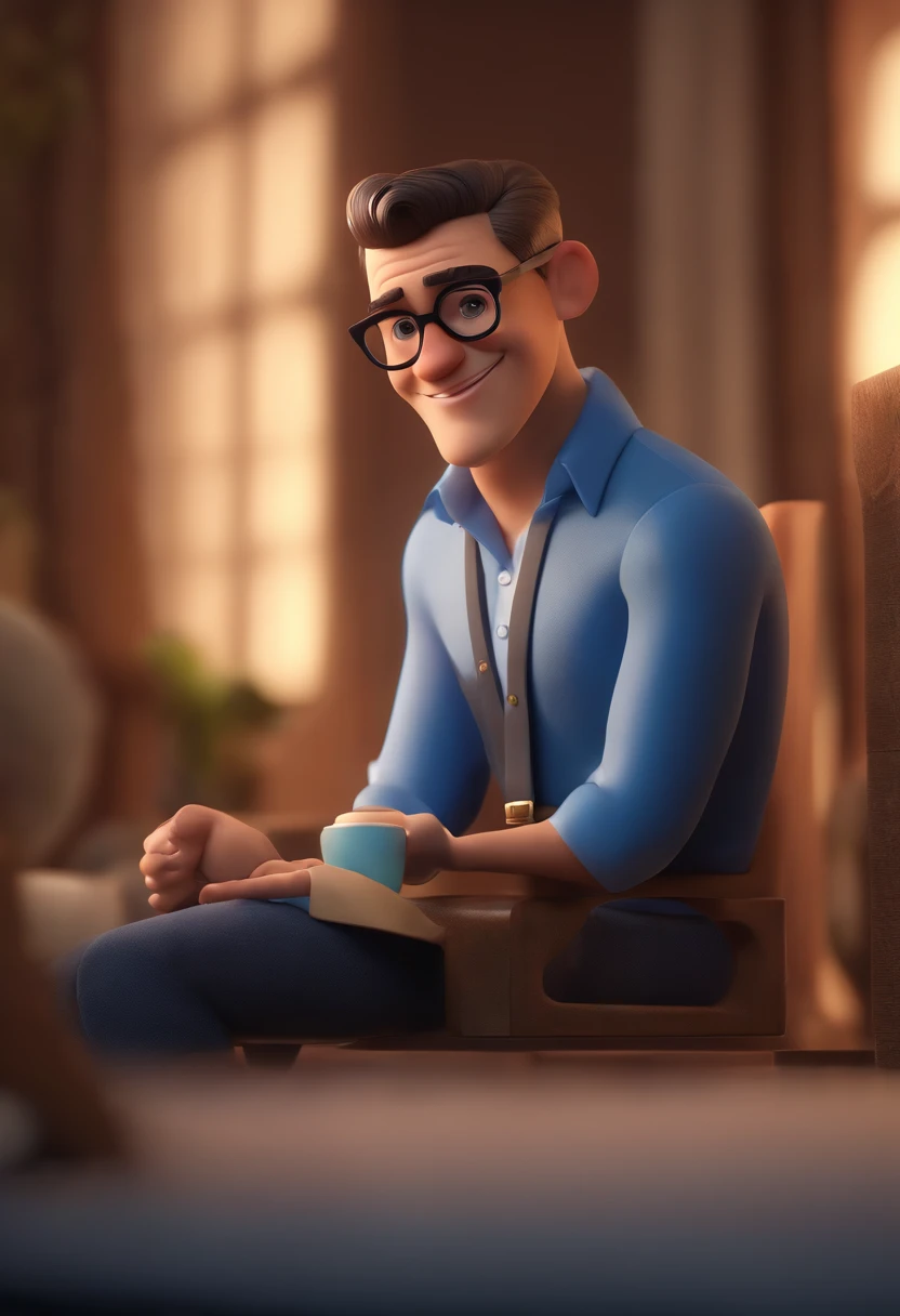 Cartoon character of a man wearing black glasses and a blue shirt, um personagem animado, Caractere estilizado, animation style rendering, 3D estilizado, Arnold Maya render, 3 d render stylized, toon render keyshot, Personagem 3D, Personagem 3D, 3d rendering stylized, 3 d character render, personagem de desenho animado, Personagem de close up, Pose de personagem, (Estilo Pixar) (master part:1.2) (Bokeh) (best quality) (pele detalhada) (textura detalhada) (8k) (argila) (Cinematic lighting) (foco nítido，Senta e vaza a parte superior do corpo