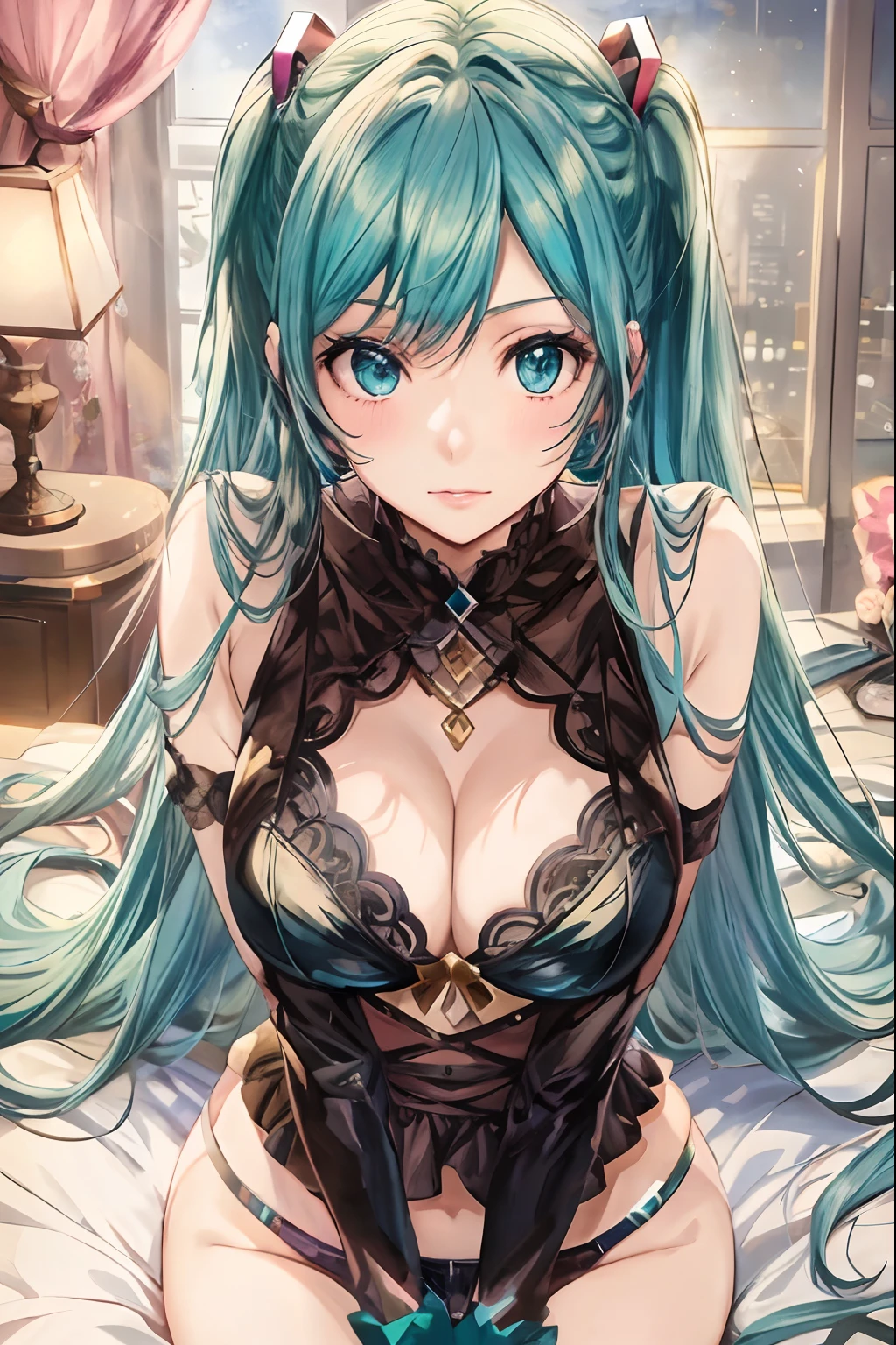A woman with long blue hair sits on a bed, seductive anime girls, beautiful and seductive anime woman, Anime wallpaper 4 k, Anime wallpaper 4K, 4K anime wallpaper, Detailed digital anime art, Anime art wallpaper 4k, Anime art wallpaper 4 K, style of anime4 K, hatsune miku portrait, Beautiful anime girl, Anime girl with teal hair