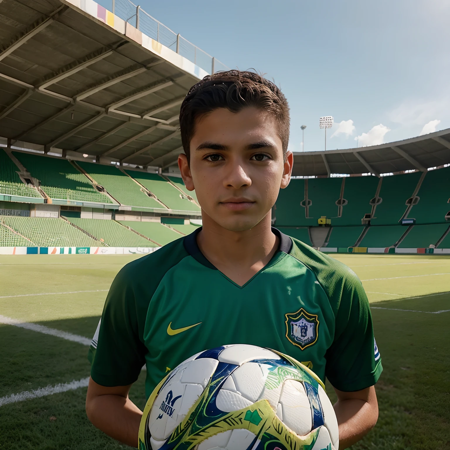 Um menino de 13 anos, branco, olhos verdes, loiro, uniforme amarelo de goleiro, luvas de goleiro, num campo de futebol, perto da trave de futebol, chutando a bola de futebol