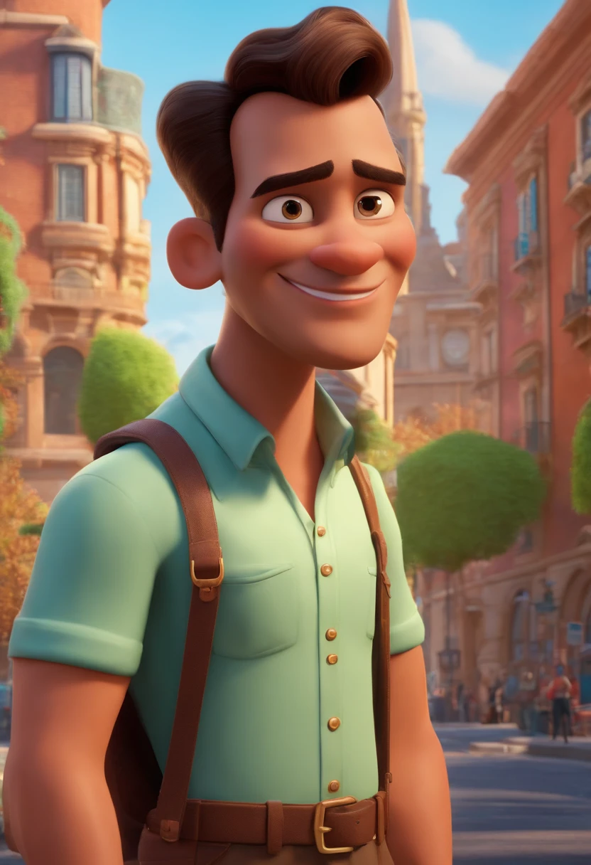 A city councilman looking at a dream project inspired by Pixar animation, de perto. The character takes center stage with captivating facial expressions, oferecendo um toque de irrealidade