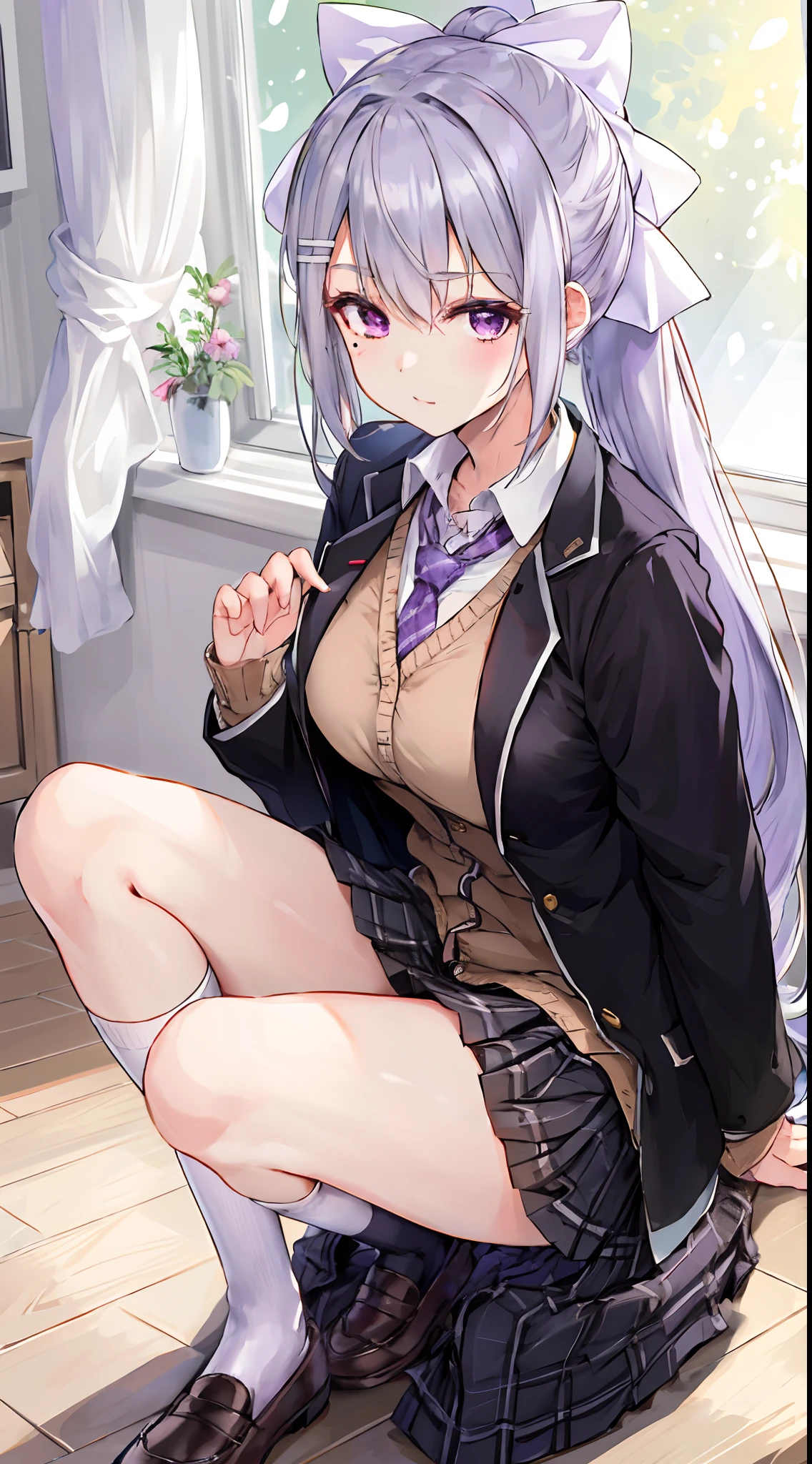 masterpiece, top-quality, Hi-Res, Kaede Higuchi, 1girl in, Virtual Youtuber, 独奏, length hair, Mole under the eyes, skirt by the, neck tie, jaket, a purple eye, sockes, poneyTail, hair adornments, white bow, Hair Bow, the bow, blazers, Very long hair, Purple tie, pleatedskirt, white sock, hair clips, Open your clothes, Cardigan, student clothes, Knee height, white hair, Black jacket, The shirt, shirt with collar, Plaid, Open jacket, bangss、plaid skirts、a miniskirt、Tachie、white shirt、long-sleeve、grey skirt、breastsout、Plaid tie、Crouching、Black panties