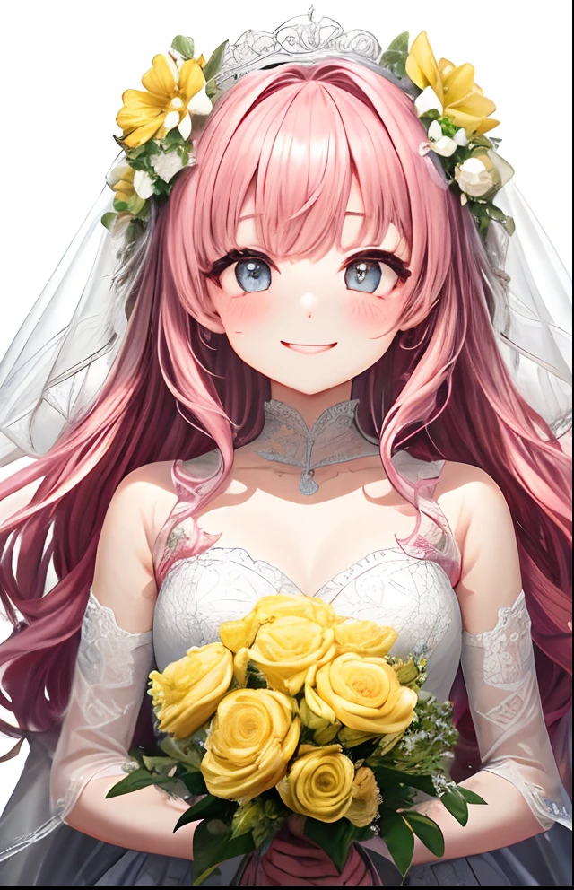 girl with、No background、without background、Background through、Pink hair、Pink hair、The long-haired、long、Subject bangs、Pattsun bangs、Aligned bangs、Sareme、drooping eyebrows、Takuambi、Marovi、Round eyebrows、Eyes are yellow、Yellow mesh、embarrassed、Embarrassing、white wedding dress、bride、kawaii、Smiling、A smile、No background