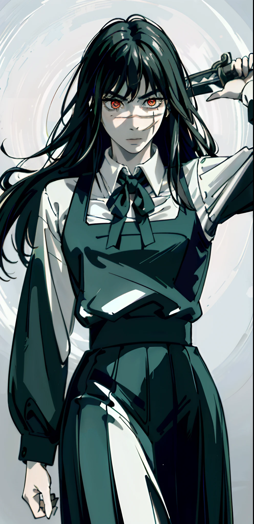 ((masterpiece, best quality)), (1girl), (solo), (female focus), yoru\(chainsaw man\),(very detailed face, real image, realistic white skin, realistic body, intricate details), , psycho face, psycho eyes, serious, black hair, long hair, intimidating look, pinafore dress, long sleeve shirt, neck ribbon, small breasts, holding sword