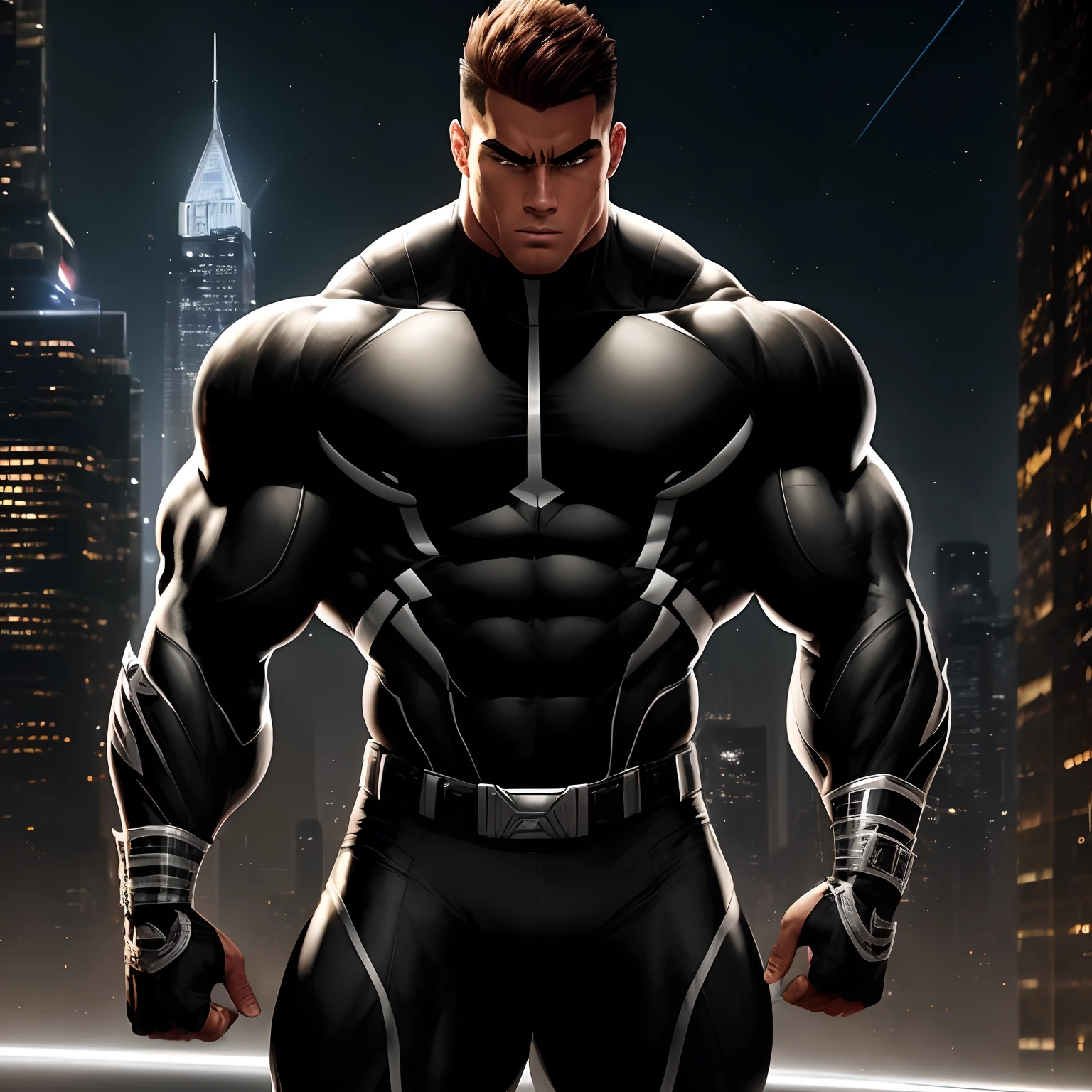 ((Extremely realistic shadows, Masterpiece, extremely detailed, photorealistic)) A ager at 18 years old (Mexican ethnicity) Carr, muscular thighs, bulging neck. Tanned skin massive muscular bodybuilder, red hair, military haircut, tight clothing, body full of muscles; ripped abs, V-shaped body, thick waist, long legs, strong arms. City background, skyscraper, futuristic city, night, stars, night lights, Superhero, hero, bodysuit, massive muscles, huge pecs, chiseled ABS, huge pecs, exaggeratedly huge muscles. A young hero whose presence inspires trust and respect. (((His hero suit is black and silver)