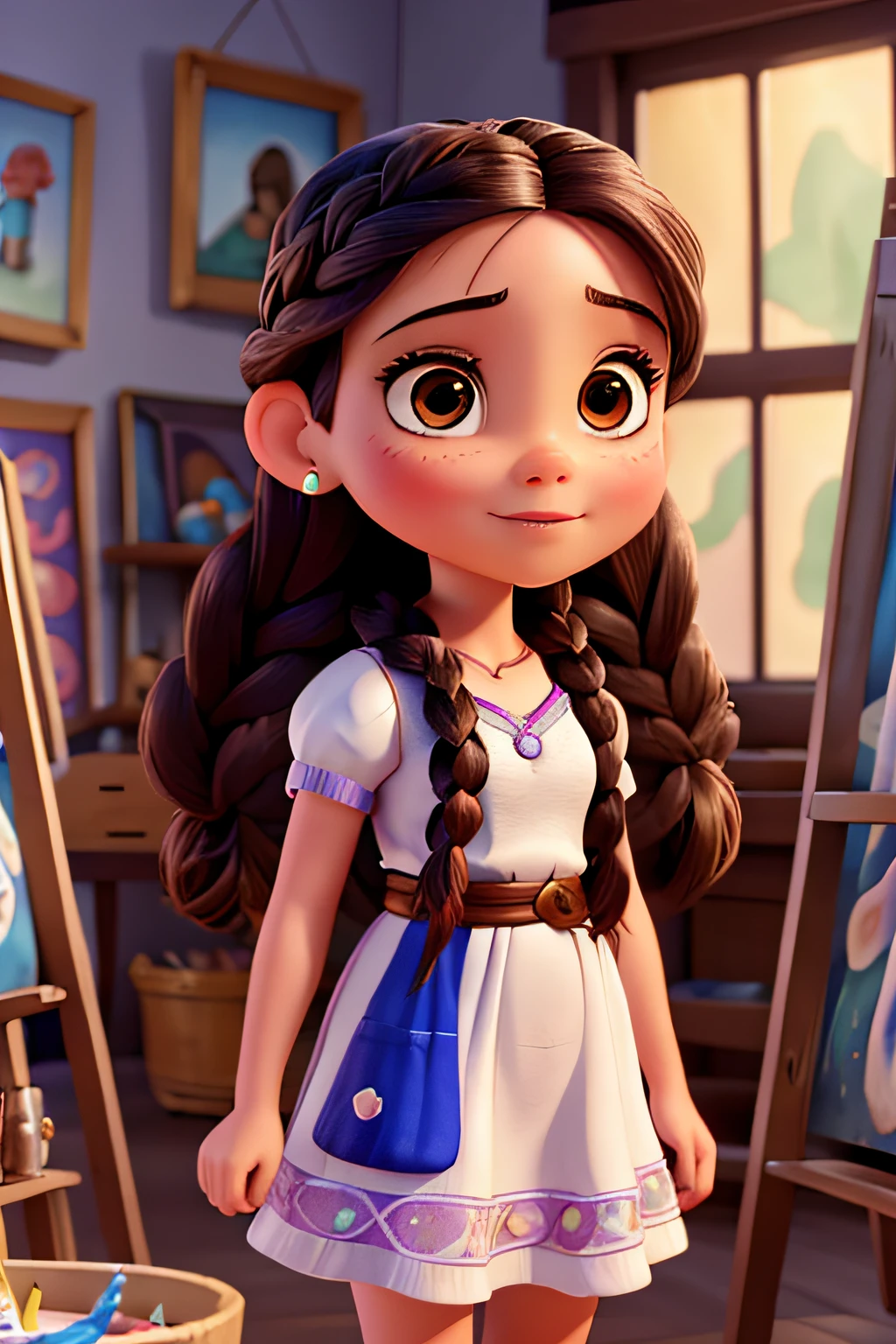 Capa de filme estilo Disney, uma mulher preta com olhos castanhos,Braided hair working painting pictures and an art studio in the background