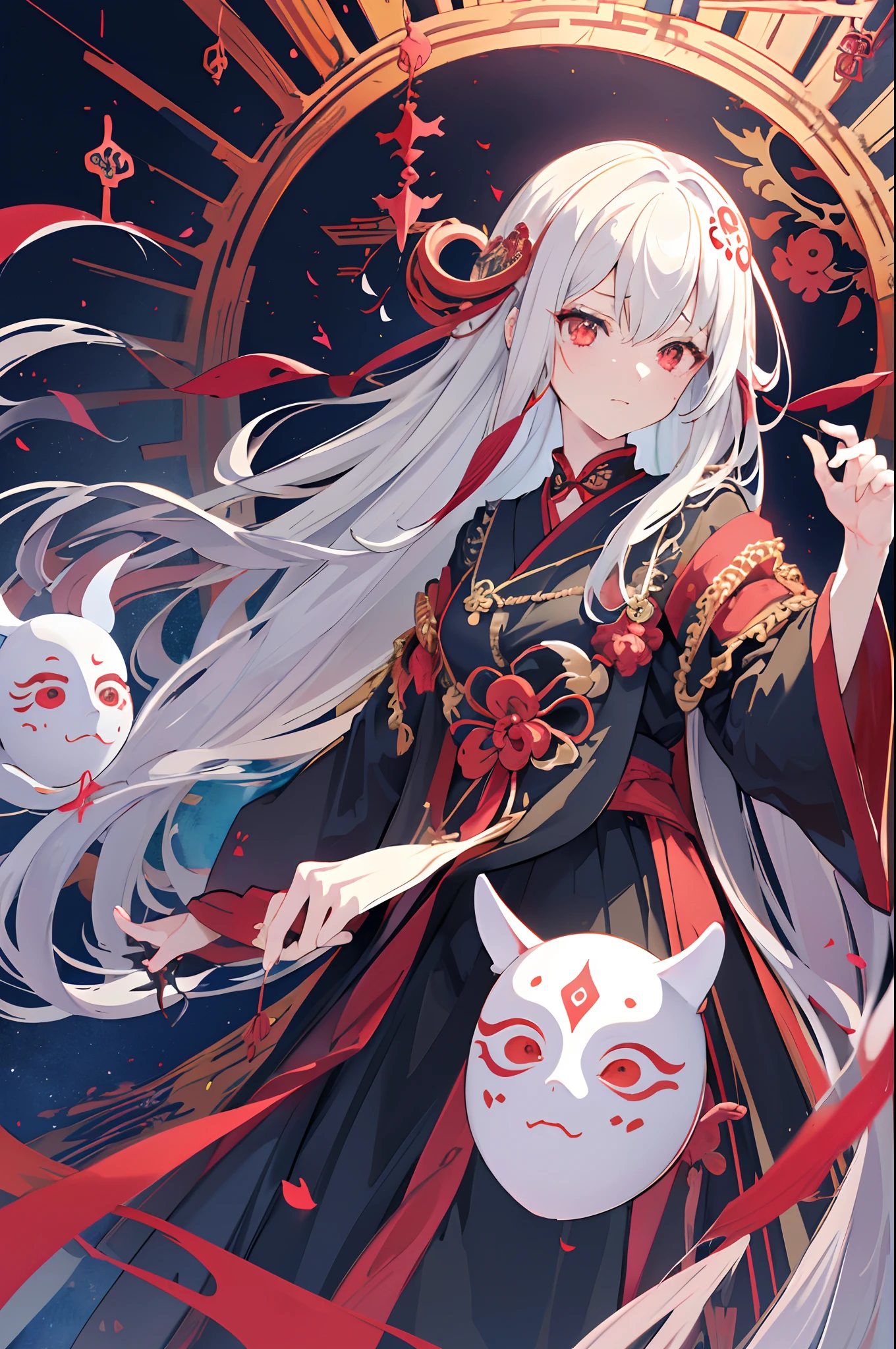 (masutepiece, of the highest quality, Best Quality, official arts, Beautiful and aesthetic:1.2), (1girl in:1.3), (s fractal art:1.3),ritualistic、Birth、Face concealment、mask、Daoism、curse、curse、apparition、Complaining、ghosts、Creepy Exorcism Tag