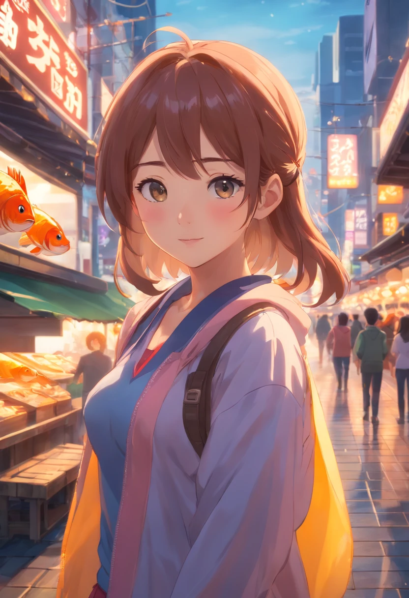 qualidade de imagem do filme,Disney Animation,style of disney animation,Disney film animation,Filmes 3D,China-style,Girl with short pigtails standing in front of a huge koi,mar de swell,profundidade de campos,Luz alta,luz real,Traching de raias,oc renderizado,hyper-realistic,melhor qualidade,8k,Obras de mestres,super-fino,pelos pubianos detalhados,anatomia correta,sharp focus on eyes,Bokeh,Facial features are carefully described