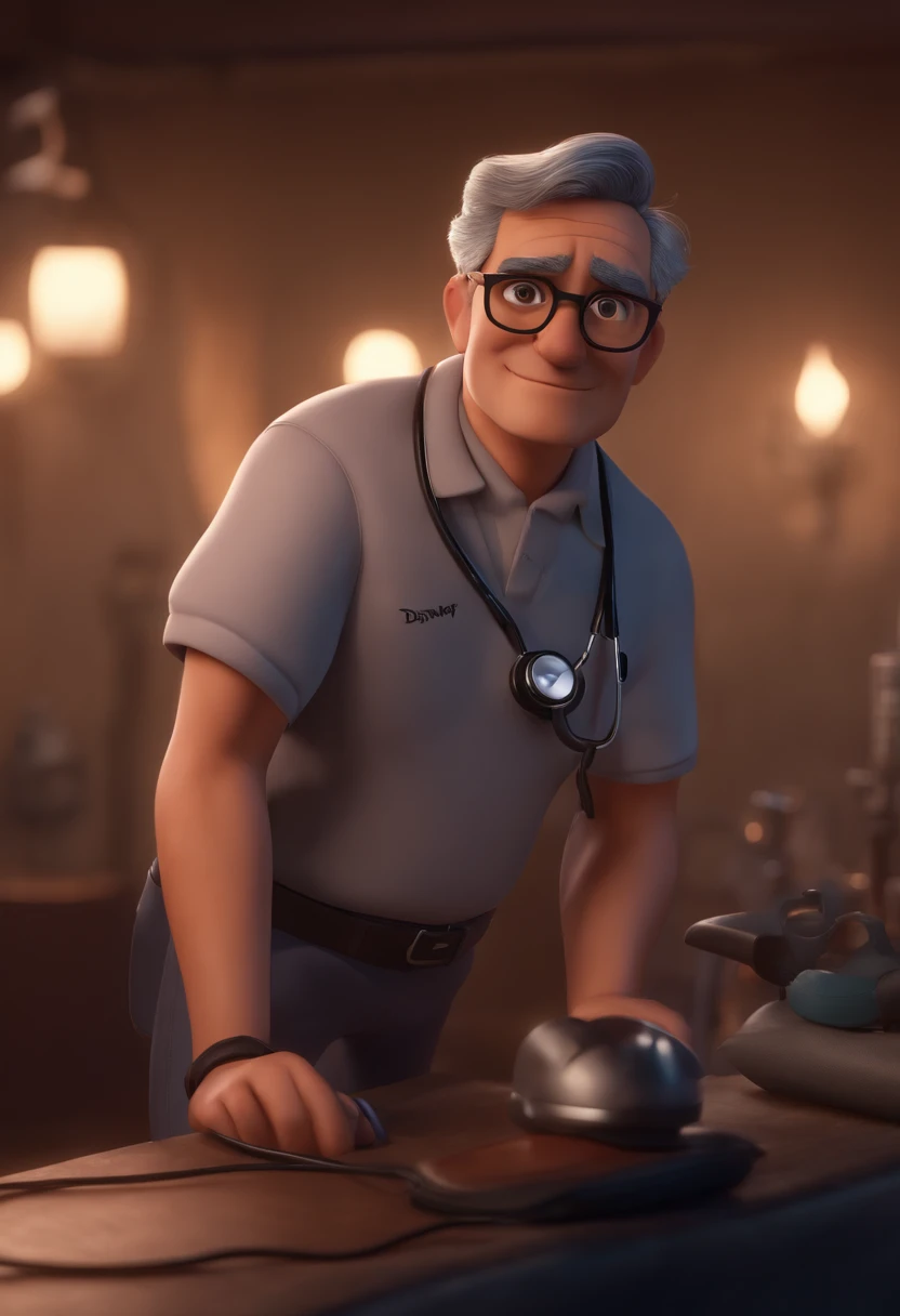 man character, with black, slightly gray hair, wearing glasses and a stethoscope around his neck, disney-pixar style, professional photo, wearing a polo t-shirt, high definition, 8k,