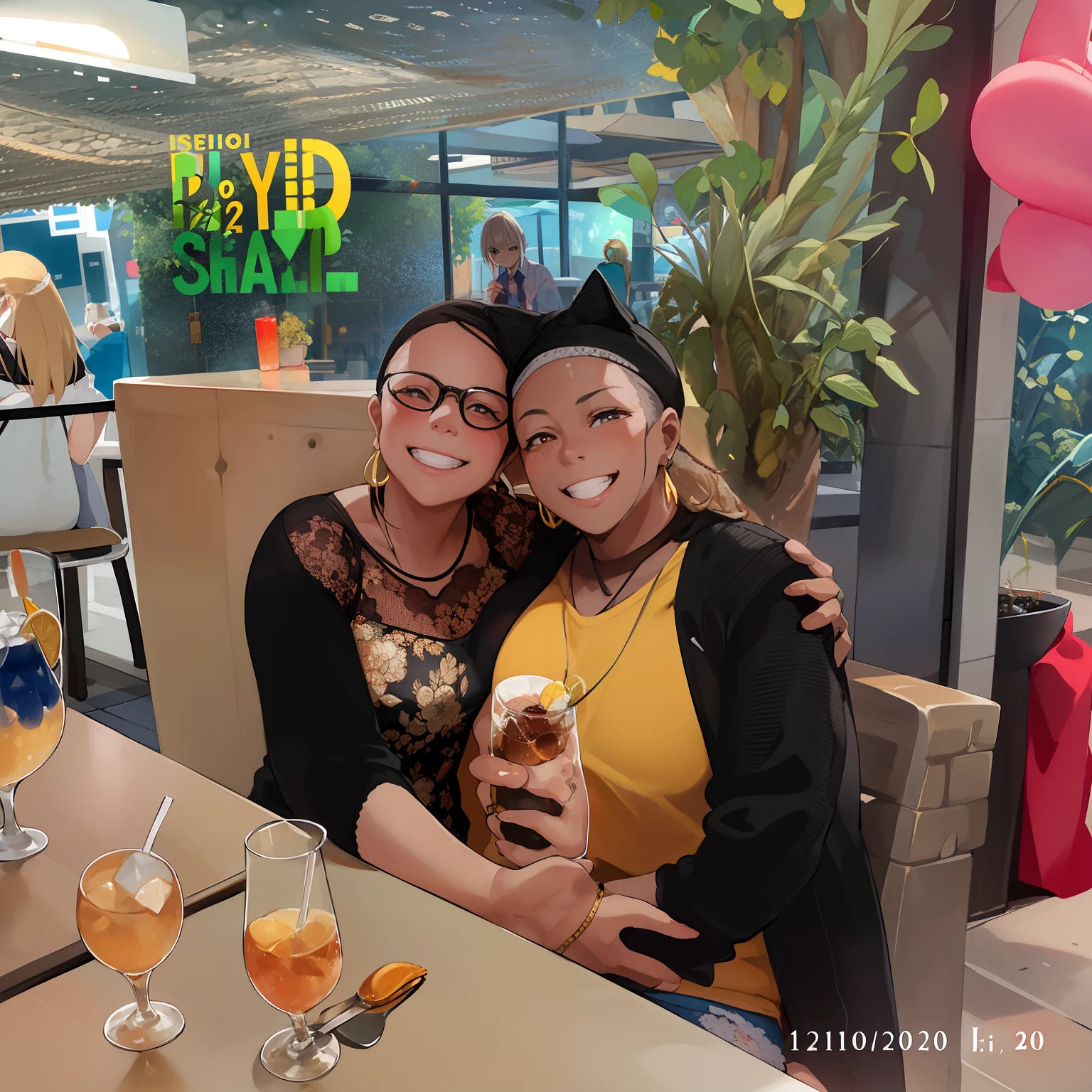 There are two women sitting at a table with drinks in front of them, divertindo-se, tiradas em 2022, Senhora bonita, Directed by: David Ruby, exploitable image, taken in the early 2020s, fotografia tirada em 2 0 2 0, foto retrato, Directed by: David Bailly, bela luz do dia, Directed by: Jan Pynas, feliz amigo