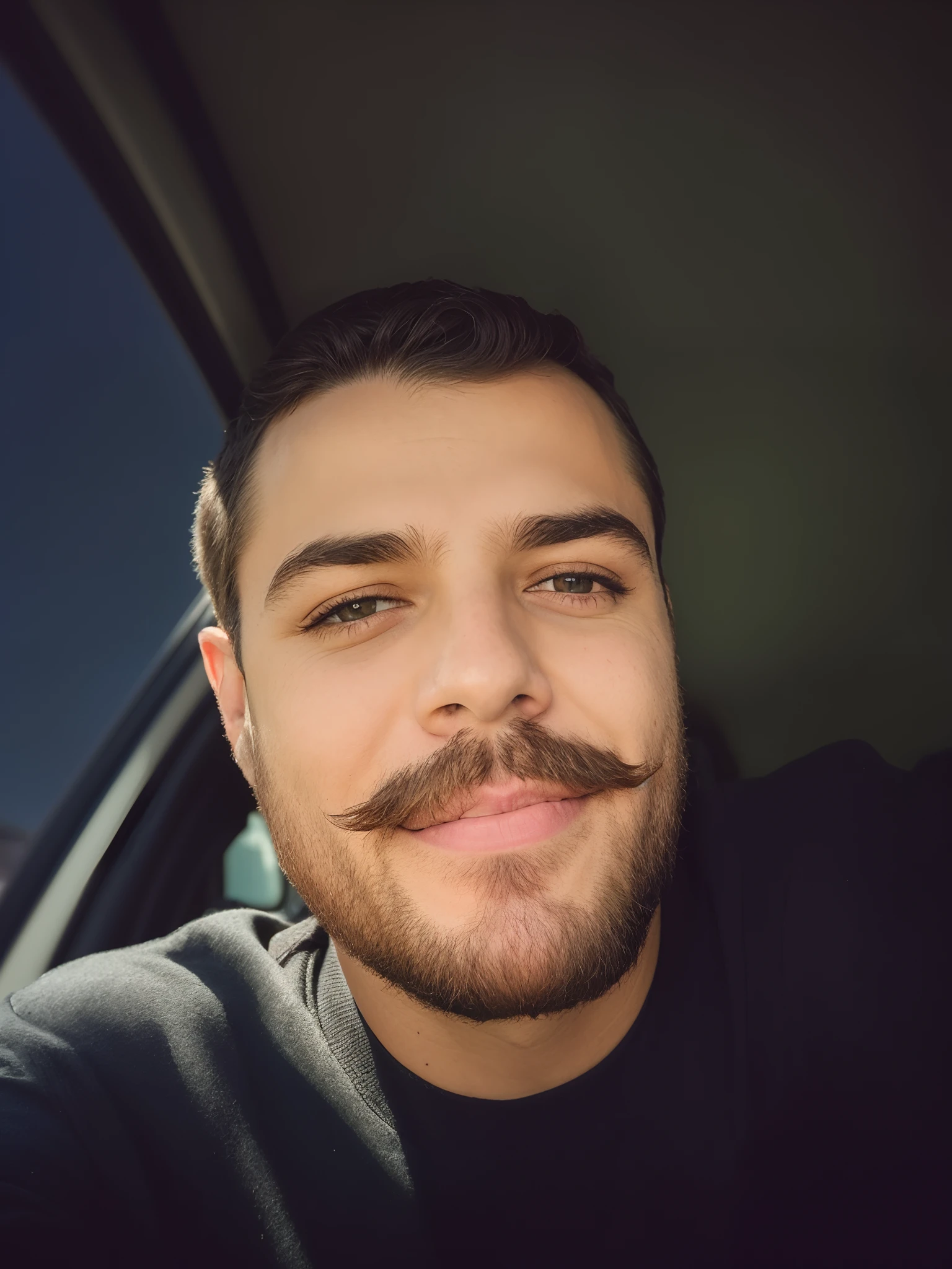 Homem com barba e bigode em um carro, rosto detalhado real, selfie de um homem, Fotografia selfie 8k, restolho no rosto, Unibrow, ligeiro restolho, retrato de alta qualidade, Retrato tirado 8 K, rosto completo close up retrato, Retrato close up do cara, imagem de qualidade muito baixa, smiling at camera