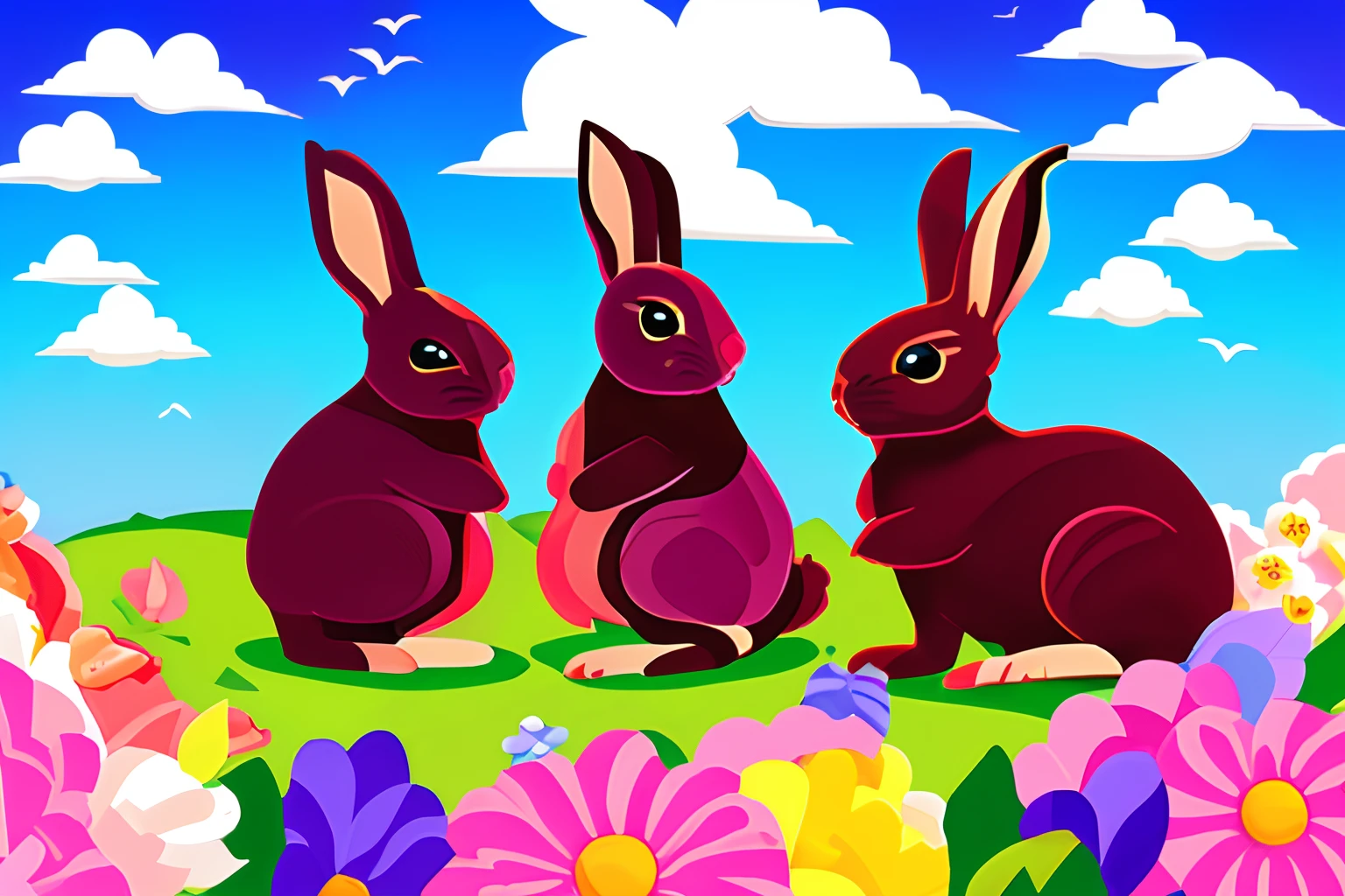 Pattern of realistic bunnys with angle wings in clouds pinks purples and blues