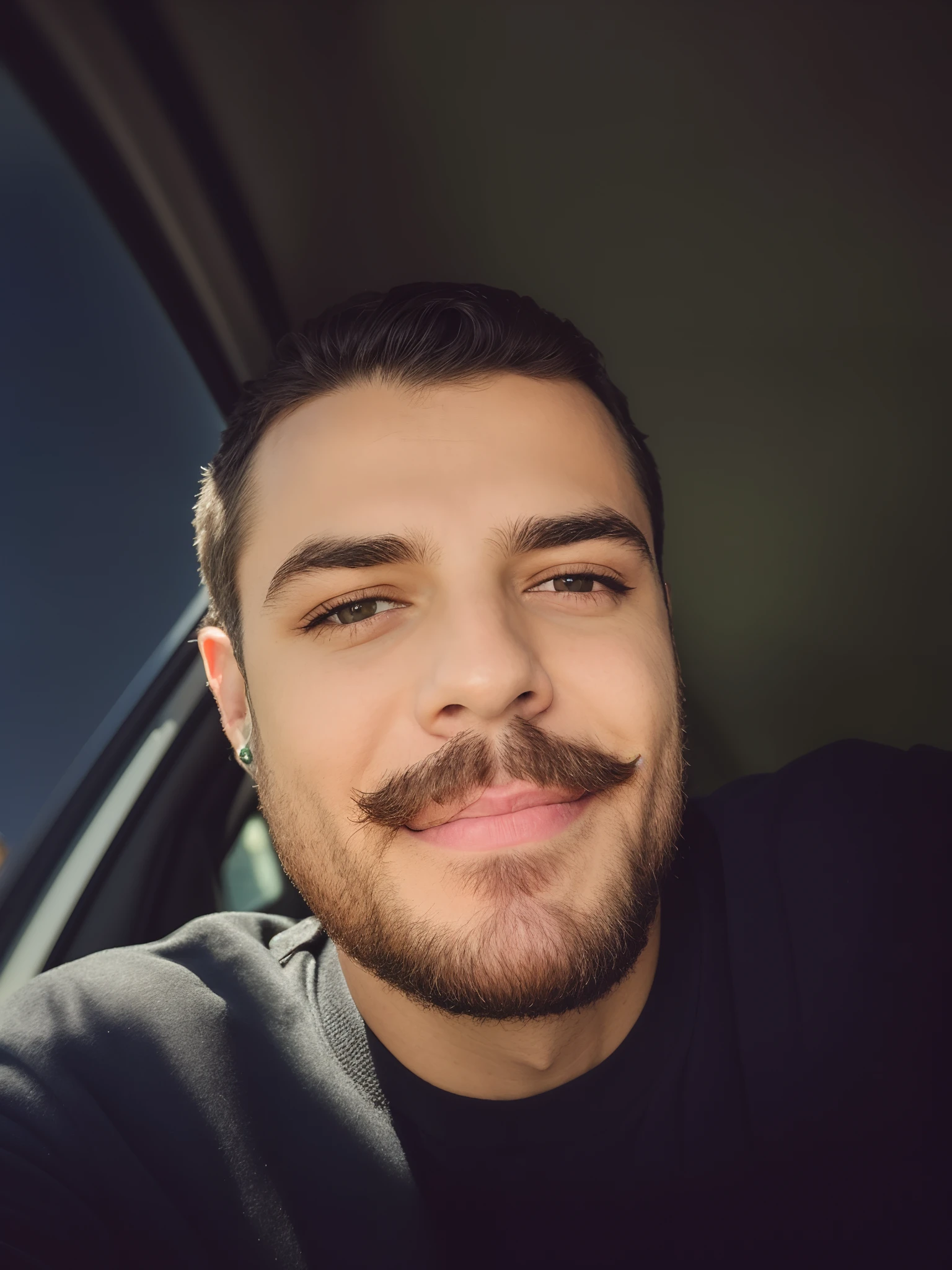 Homem com barba e bigode em um carro, rosto detalhado real, selfie de um homem, Fotografia selfie 8k, restolho no rosto, Unibrow, ligeiro restolho, retrato de alta qualidade, Retrato tirado 8 K, rosto completo close up retrato, Retrato close up do cara, imagem de qualidade muito baixa, smiling at camera