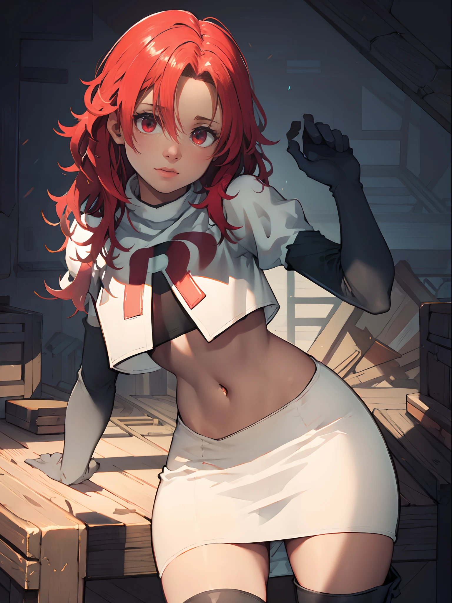 defHapi, team rocket, team rocket uniform, red letter R, white skirt, white crop top, black thigh-high boots, black elbow gloves, looking at viewer