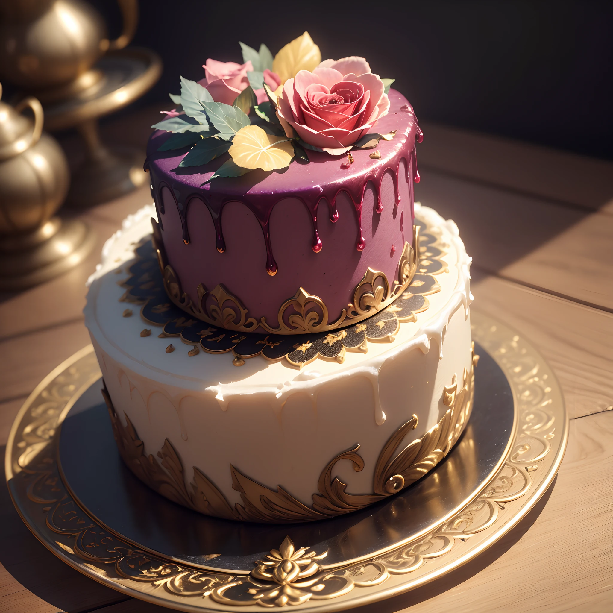 dripping paint,abstracted,(3D birthday cake)，Vibrant colors,Delicate frosting and gemstone embellishments，Fine gold leaf decoration，A dazzling and elegant cake stand，Subtle shadows that add depth and dimension，Elaborate piping lace pattern，3d blender render，Within a radiant connection，Inspired by Kinuko Y. Craft，，Magical elements，Rose icon，It's beautiful，​, (((Masterpiece))), Best quality,Ultra-detailed, 8K, the wallpaper, Extremely delicate, A high resolution, Ray tracing, Best shadow, (Realistic, Photorealistic:1.37),Professional lighting, photon maping, Radio City, Physically-based rendering