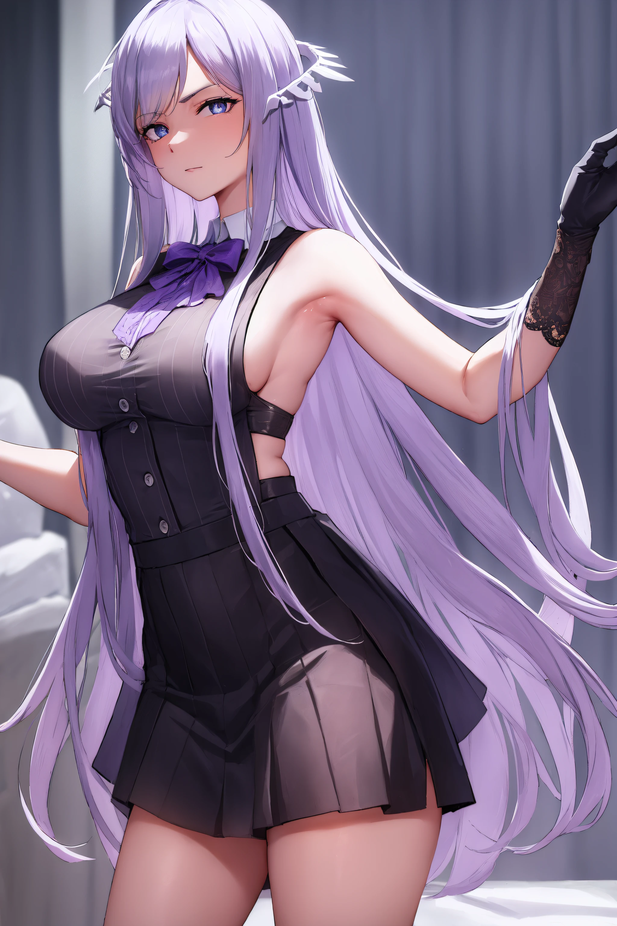 quinella, quinella, absurdly long hair, (purple eyes:1.1), long hair, parted bangs, purple hair, very long hair, hair ornament,medium breast,
BREAK black bowtie, white shirt, sleeveless, off shoulder, grey cardigan, open clothes, sleeves past wrists, black skirt, suspender skirt, thigh strap,
BREAK indoors, bed,
BREAK looking at viewer, (cowboy shot:1.5),armpits,arm up, (angry), pov, 
BREAK (masterpiece:1.2), best quality, high resolution,NSW ,unity 8k wallpaper, (illustration:0.8), (beautiful detailed eyes:1.6), extremely detailed face, perfect lighting, extremely detailed CG, (perfect hands, perfect anatomy),