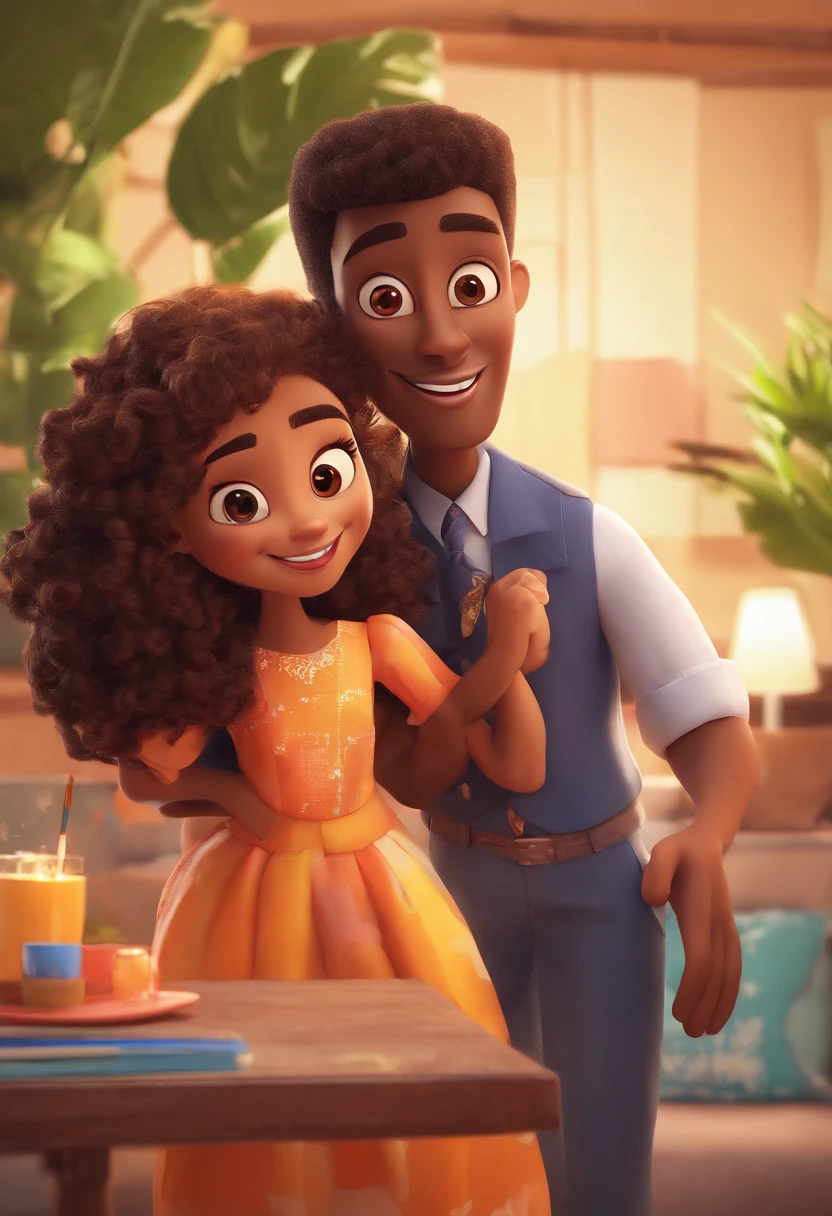 An illustration of an adorable couple, highlighting a black man and a black woman with beautiful expressive eyes - the man's skin is black and the man's hair is disguised and black, while the woman's skin is white and the woman's hair is curly and brown. They are a bright room, cada um com um sorriso no rosto, e compartilhar um momento especial caracterizado pelo amor, Insights. Illustrate this scene from a perspective where they are facing the camera, Smiling and Showing Your Connection. Desenvolva esta arte em Full HD, Focus on your cinematic touch, Estilo Disney Pixar Animations