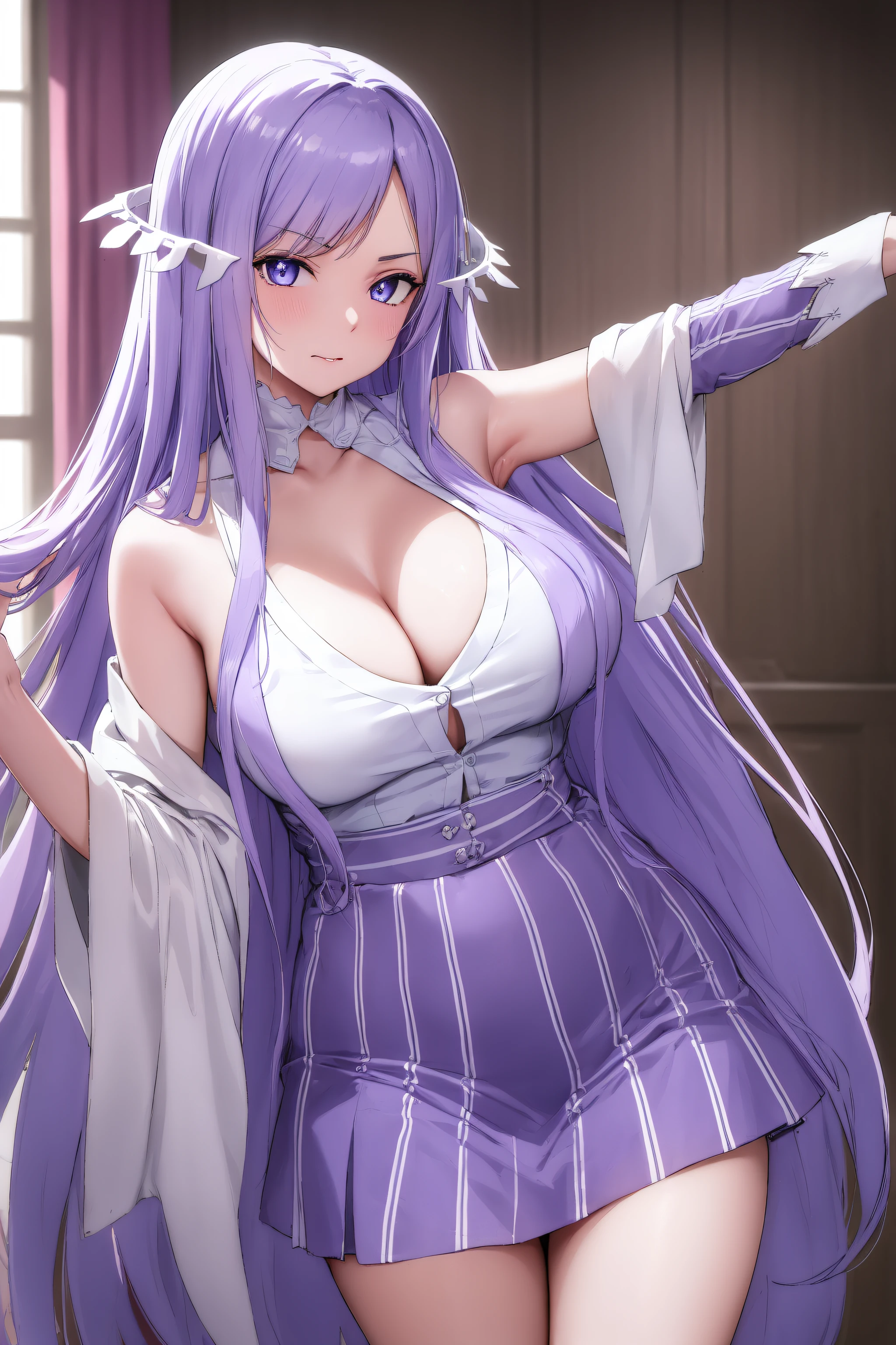 quinella, quinella, absurdly long hair, (purple eyes:1.1), long hair, parted bangs, purple hair, very long hair, hair ornament,medium breast,
BREAK black bowtie, white shirt, sleeveless, off shoulder, grey cardigan, open clothes, sleeves past wrists, black skirt, suspender skirt, thigh strap,
BREAK indoors, bed,
BREAK looking at viewer, (cowboy shot:1.5),armpits,arm up, (angry), pov, 
BREAK (masterpiece:1.2), best quality, high resolution,NSW ,unity 8k wallpaper, (illustration:0.8), (beautiful detailed eyes:1.6), extremely detailed face, perfect lighting, extremely detailed CG, (perfect hands, perfect anatomy),