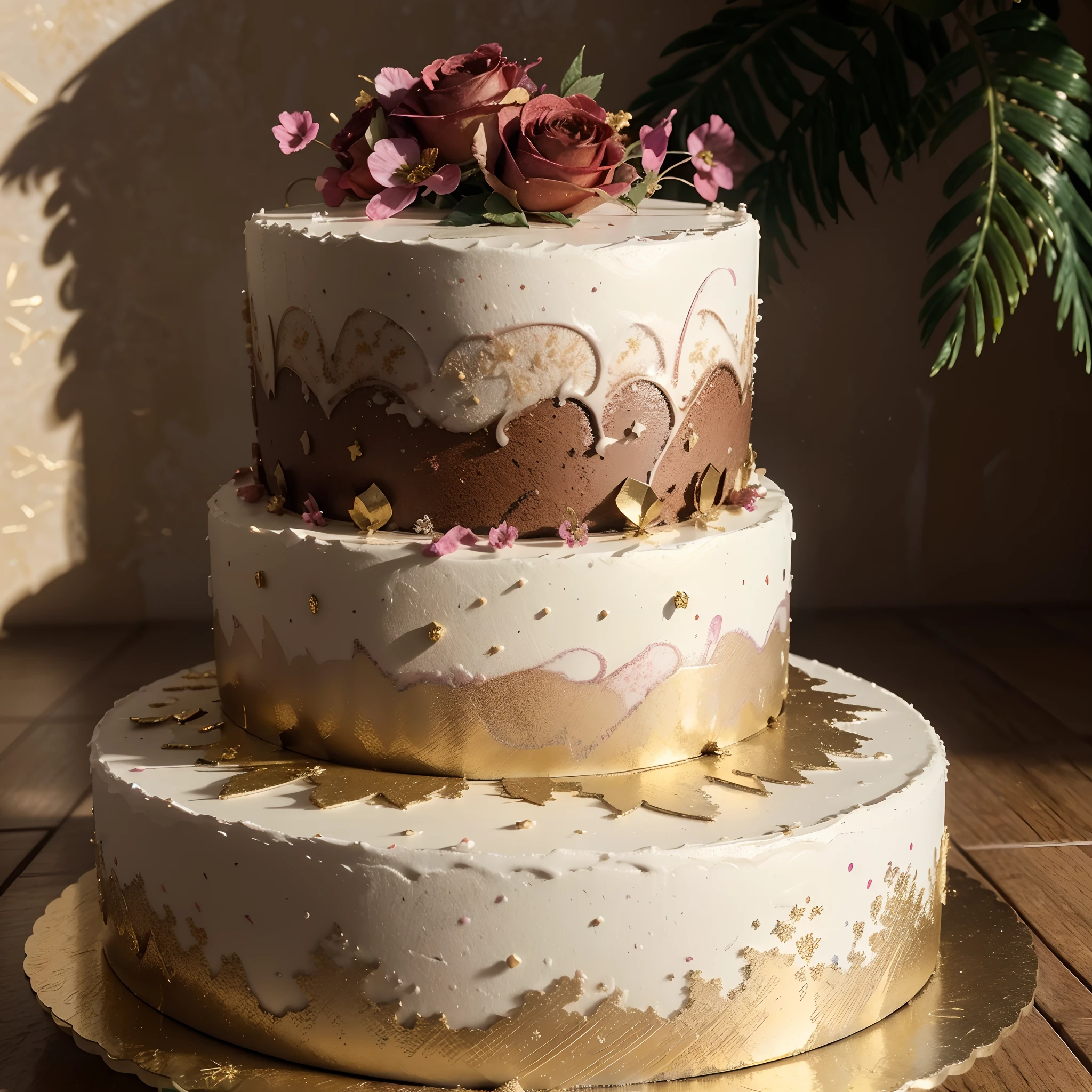 dripping paint,abstracted,(3D birthday cake),Vibrant colors,Delicate frosting and gemstone embellishments,Fine gold leaf decoration,A dazzling and elegant cake stand,Subtle shadows that add depth and dimension,Elaborate piping lace pattern,3d blender render,Within a radiant connection,Inspired by Kinuko Y. Craft,,Magical elements,Rose icon,It's beautiful,, (((Masterpiece))), Best quality,Ultra-detailed, 8K, the wallpaper, Extremely delicate, A high resolution, Ray tracing, Best shadow, (Realistic, Photorealistic:1.37),Professional lighting, photon maping, Radio City, Physically-based rendering