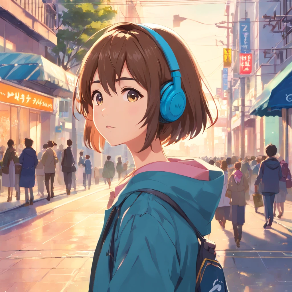 ((best qualtiy, 10, Masterpiece: 1.4)),((Amazing details: 1.3)),((illustration, Hairstyle Casual: 1.2)),((High-res: 1.1)), Cute cat standing, Headphone headset, School uniform jacket, Stylish lining, Soft light, extremely colorful, Depth of field, Cinematic lighting, From the bottom, Anatomically correct, Amazing art of painting, No Man