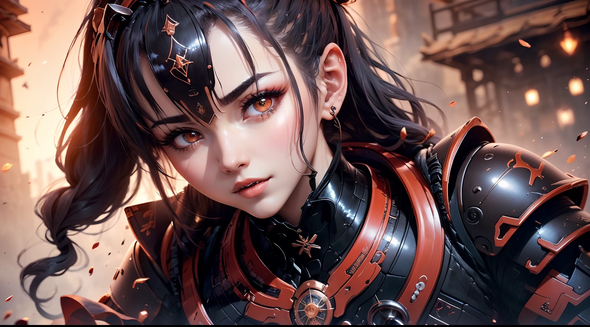 (( (tmasterpiece)，（Very detailed CG Unity 8K wallpaper），best qualtiy，cinmatic lighting，细致背景，beatiful detailed eyes，Bright pupils，（Very fine and beautiful），（Beautiful and detailed eyes description），ultra - detailed，tmasterpiece，hight resolution)), Curly, Richly decorated armor, a beautiful woman warrior, (◯◯Hair-:1.3)