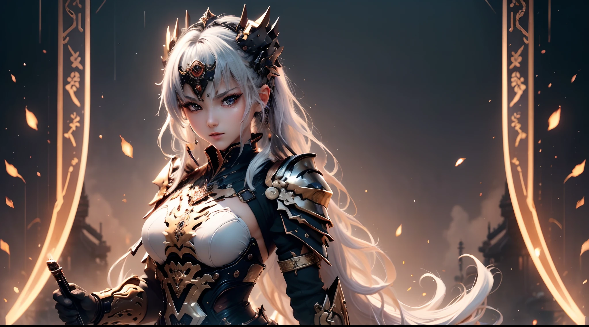 (( (tmasterpiece)，（Very detailed CG Unity 8K wallpaper），best qualtiy，cinmatic lighting，细致背景，beatiful detailed eyes，Bright pupils，（Very fine and beautiful），（Beautiful and detailed eyes description），ultra - detailed，tmasterpiece，hight resolution)), Curly, Richly decorated armor, a beautiful woman warrior, (◯◯Hair-:1.3)