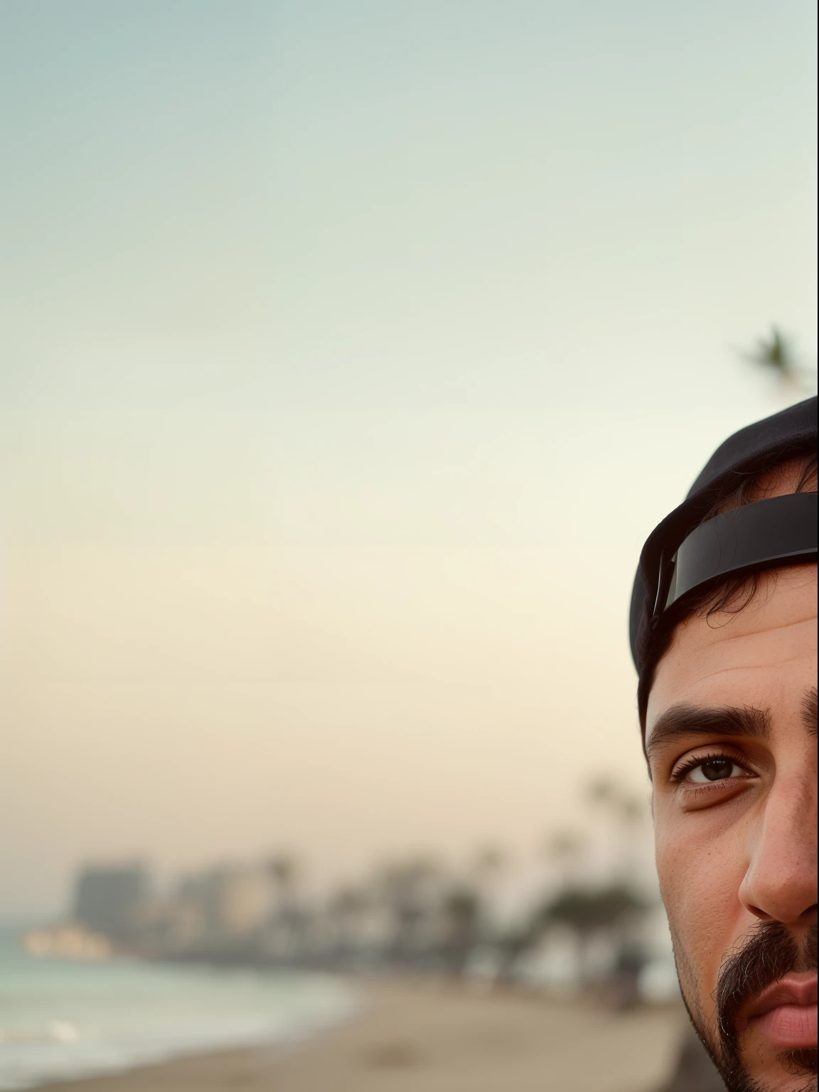 there is a man standing on the beach with a hat on, taken in the early 2020s, George Doutsiopoulos, Retrato tirado 8 K, Fotografia selfie 8k, standing near the beach, Homens de 45 anos, Toninho Matelli, Jamel Shabbaz, Tiro no iPhone 1 3 Pro Max, standing at the beach