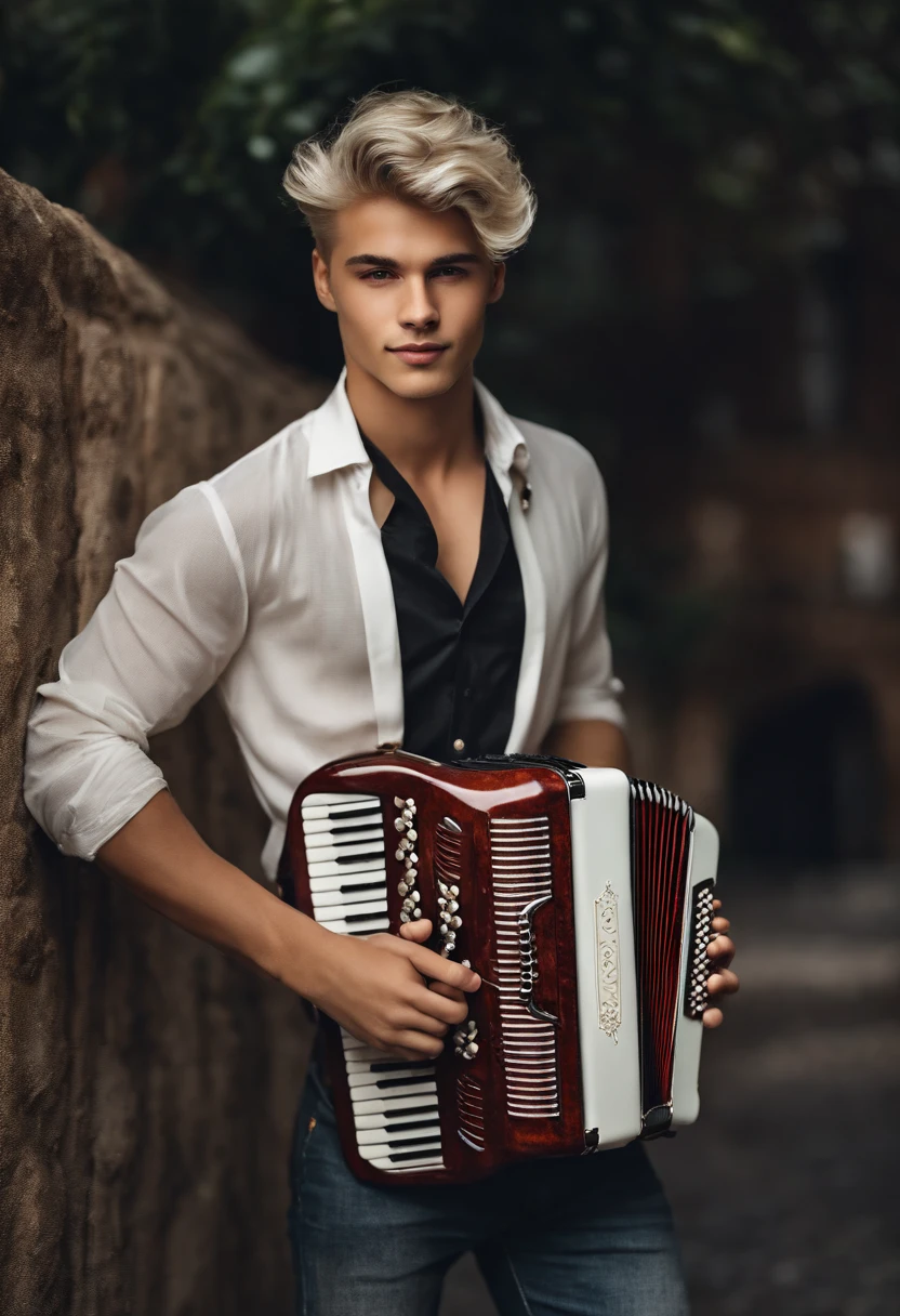 From João 20 years old boy white with light hair blond dark brown eyes is a musician lives for music plays the accordion is very smiling and also quite stylish wears earrings in both ears and pentiated hair to the side with German characteristics